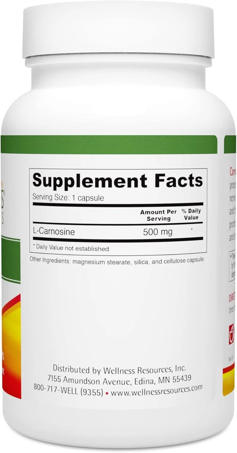 ال-کارنوزین 500 میلی گرم از Wellness Resources - مکمل آنتی اکسیدانی برای پشتیبانی پیشرفته از اعصاب، سلامت مغز، بینایی، عضلات و کلیه ها - سنولیتیک برای پیری سالم و طول تلومر (90 کپسول) ال-کارنوزین 500 میلی گرم از Wellness Resources - مکمل آنتی اکسیدانی برای پشتیبانی پیشرفته از اعصاب، سلامت مغز، بینایی، عضلات و کلیه ها - سنولیتیک برای پیری سالم و طول تلومر (90 کپسول)