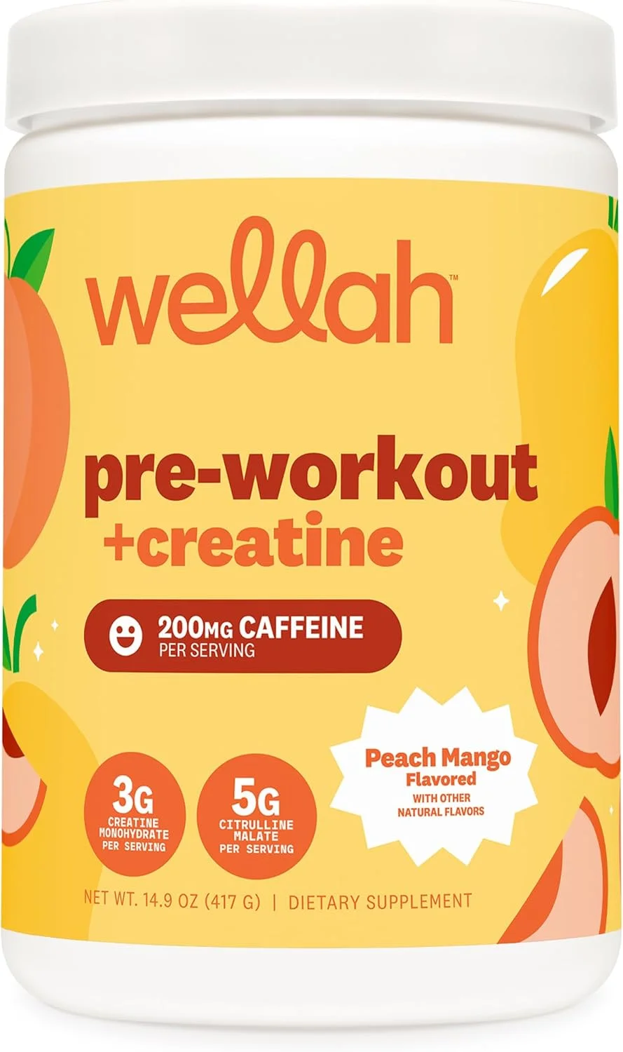 پودر قبل از تمرین ولاه + کراتین (30 سروینگ) طعم هلو انبه - 200 میلی گرم کافئین، 3 گرم کراتین مونوهیدرات، 5 گرم سیترولین مالات، مکمل قبل از تمرین با کراتین