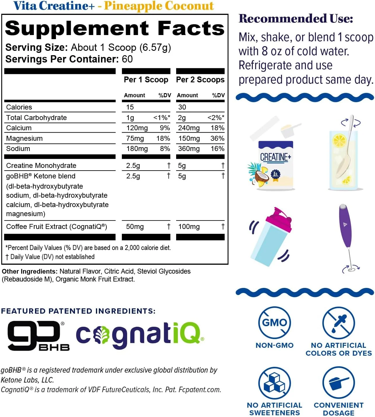 پودر کراتین مونوهیدرات برای بانوان، کراتین مونوهیدرات میکرونیزه شده با goBHB و CognatiQ، افزایش قدرت، انرژی و وضوح ذهنی، 5 گرم کراتین در هر وعده، طعم آناناس نارگیل - 30 وعده
