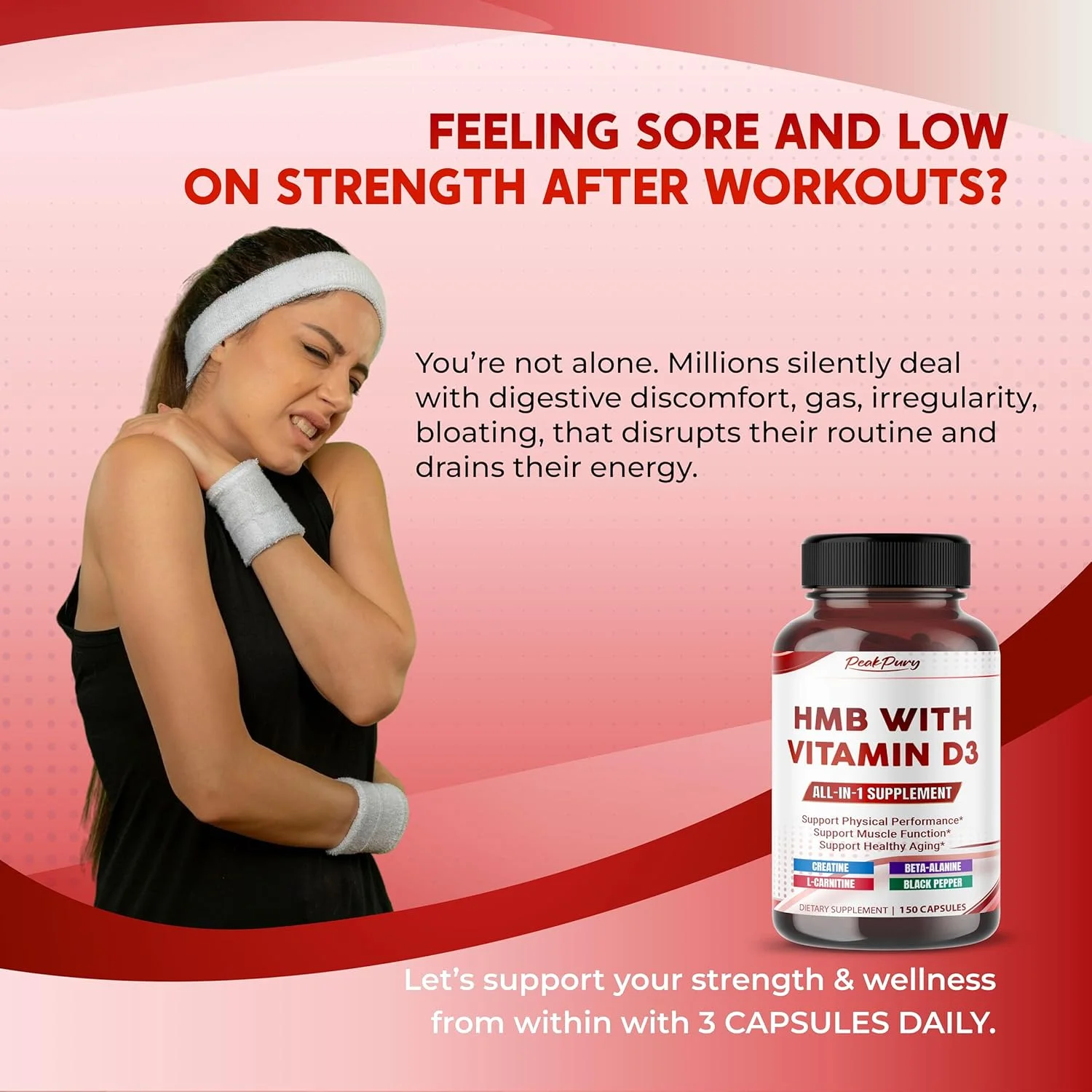 اچ ام بی الترا به همراه ویتامین D3 6000 IU - پشتیبانی از ریکاوری عضلات، سلامت استخوان و پیری سالم - شامل کراتین، بتا آلانین، ال-کارنیتین - 150 کپسول اچ ام بی الترا به همراه ویتامین D3 6000 IU - پشتیبانی از ریکاوری عضلات، سلامت استخوان و پیری سالم - شامل کراتین، بتا آلانین، ال-کارنیتین - 150 کپسول