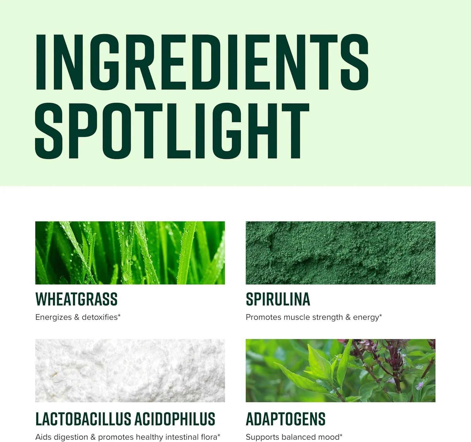 سلامت پر جنب و جوش، سرزندگی سبز، شامل 65 ابرغذای گیاهی، 25 میلیارد پروبیوتیک، فیبر، آداپتوژن ها و آنزیم ها، 83 وعده