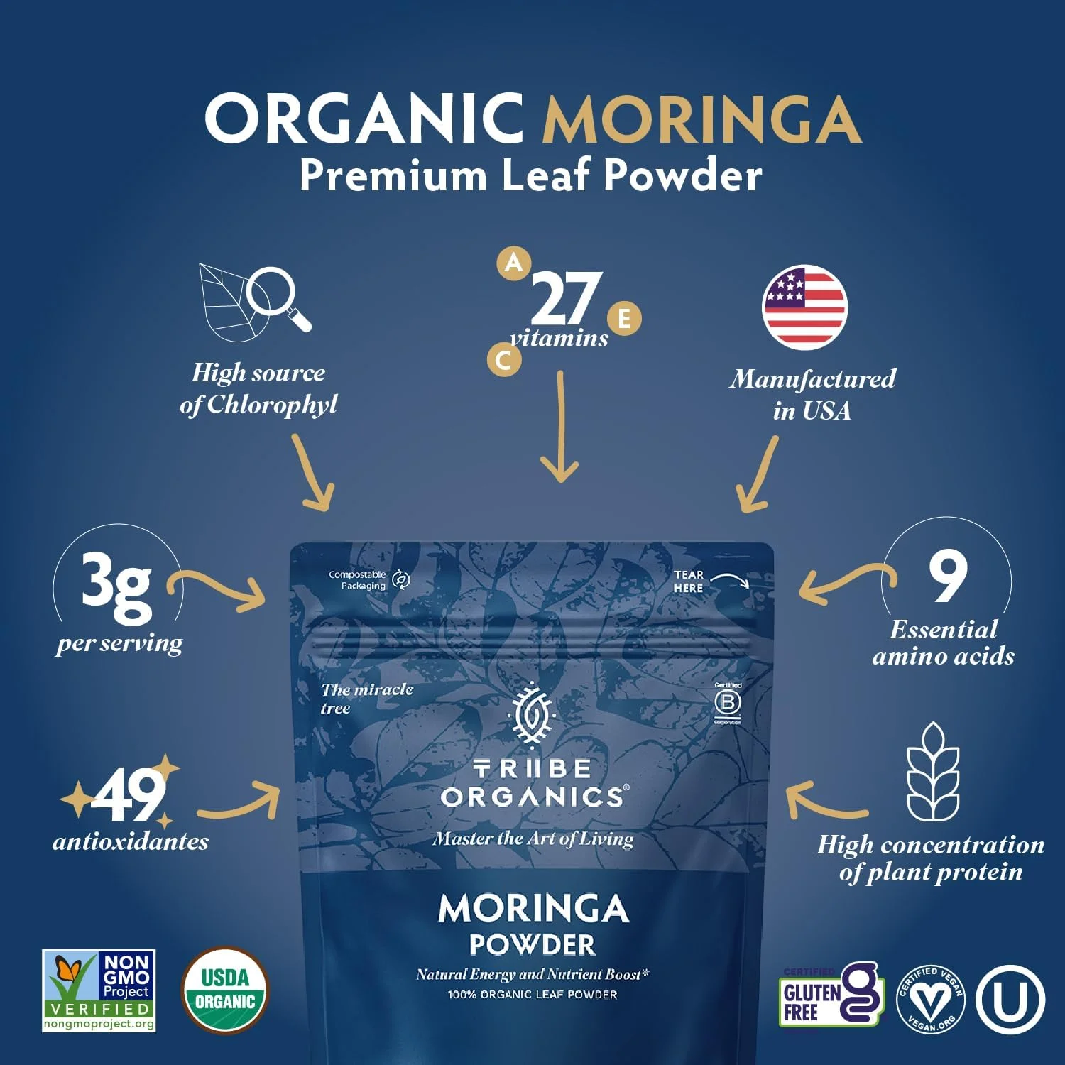 پودر مورینگا اولیفرا ارگانیک TRIBE ORGANICS برای انرژی | مفاصل | عملکرد مغز - سوپرفود سبز مغذی با قدرت بالا | پروتئین گیاهی طبیعی برگ | آنتی اکسیدان - بسته 200 گرمی