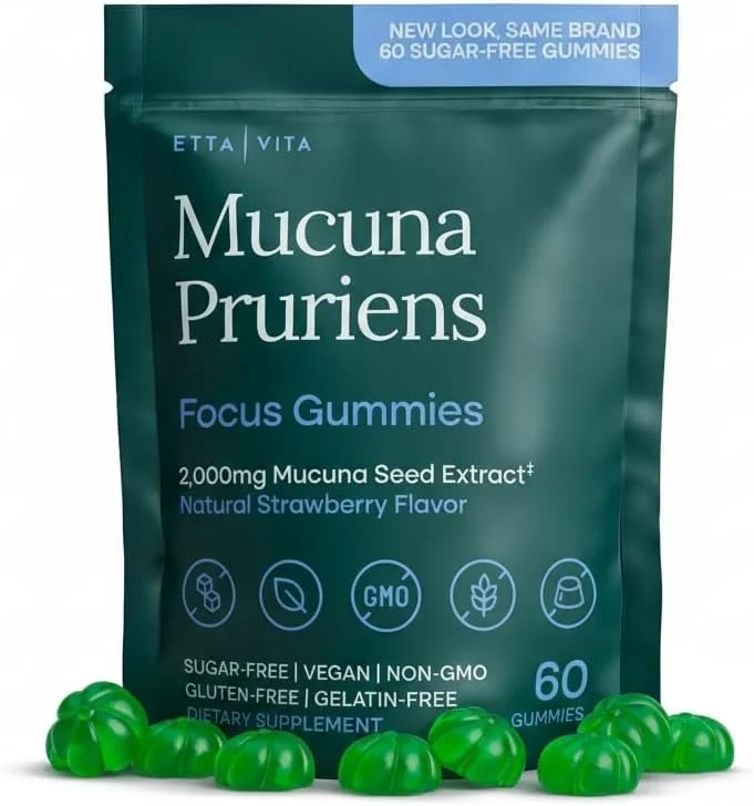 مکمل دوپامین - پاستیل های بدون قند Mucuna Pruriens (2 گرم در هر وعده) پاستیل های انرژی و تمرکز - مکمل قوی عصاره Mucuna Pruriens برای خلق و خوی آرام و انگیزه، وگان، غیر GMO، بدون گلوتن، 60 عدد