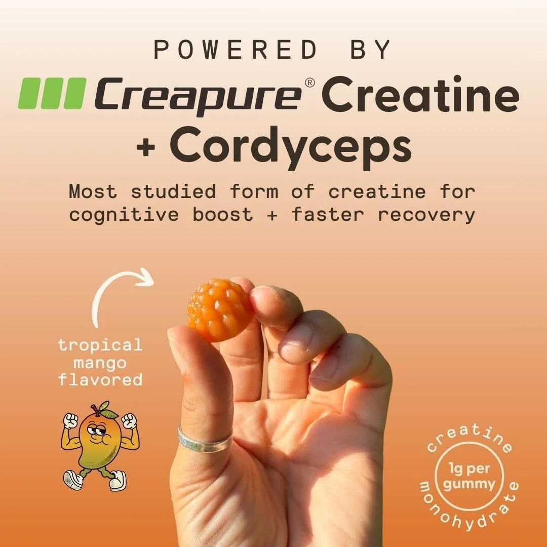 پاستیل کراتین روزانه SuperMush با قارچ کوردیسپس - سوپرفود روزانه - مکمل کراتین مونوهیدرات بدون شکر برای قدرت، تمرکز و ریکاوری - فرمول پاستیلی وگان، طعم انبه، 20 روز