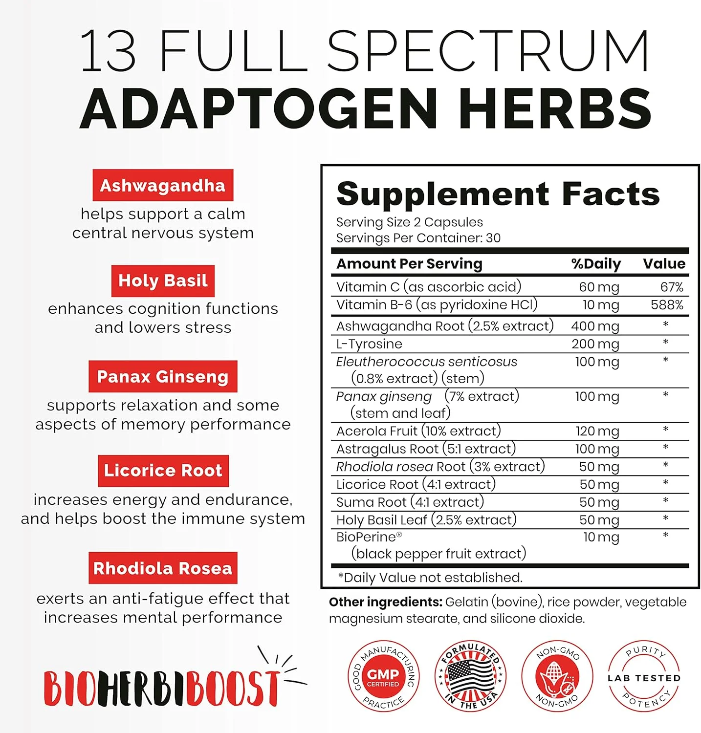 مکمل پشتیبانی آدرنال [1300 میلی گرم غیر تراریخته] تمرکز طبیعی، وضوح، انرژی و رفع خستگی برای سطوح متعادل کورتیزول با آشواگاندا و آداپتوژن ها 60 کپسول