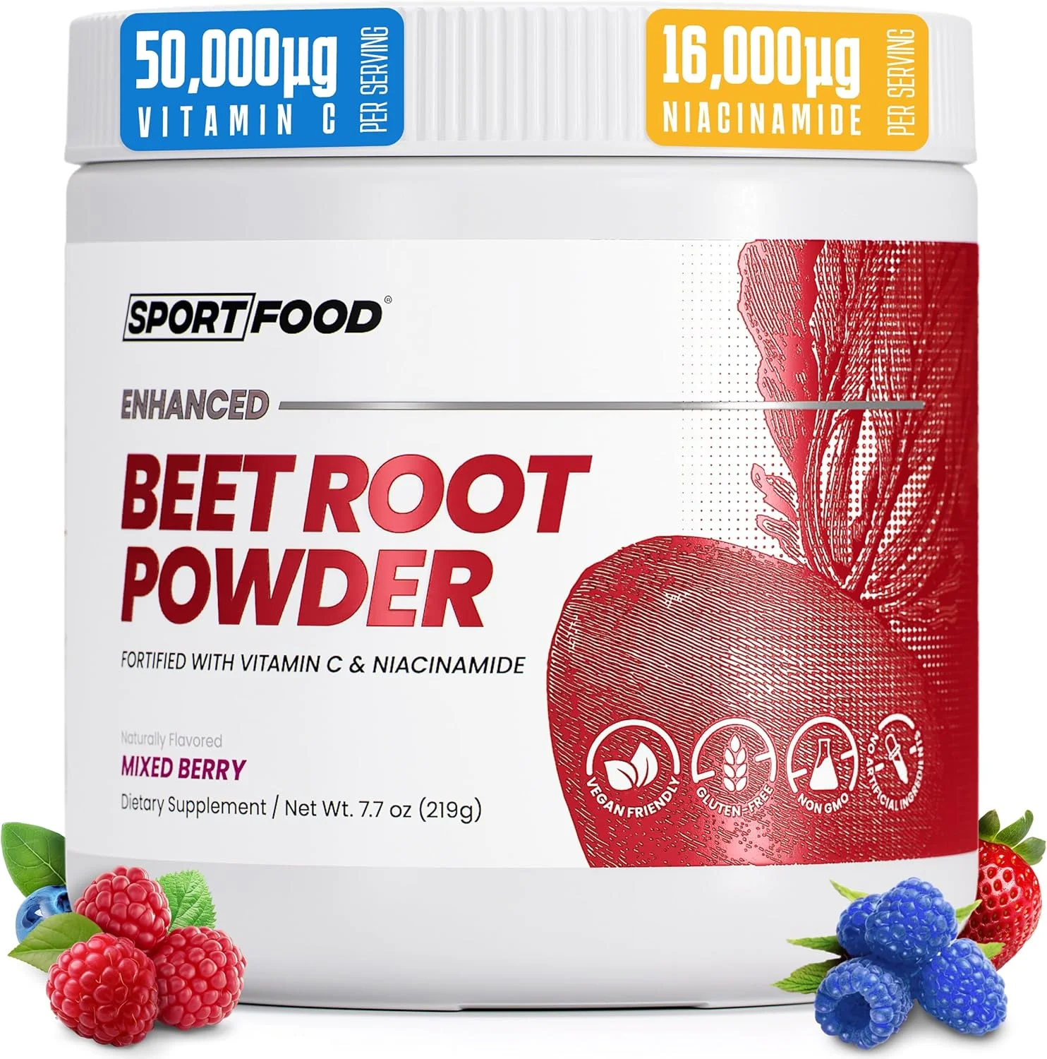 پودر ریشه چغندر SPORTFOOD با نیاسینامید و ویتامین C - سوپرفود برای گردش خون، انرژی و استقامت | وگان، غیر GMO، تقویت کننده نیتریک اکسید برای قبل از تمرین و سلامت قلب | طعم میکس بری | 220 گرم