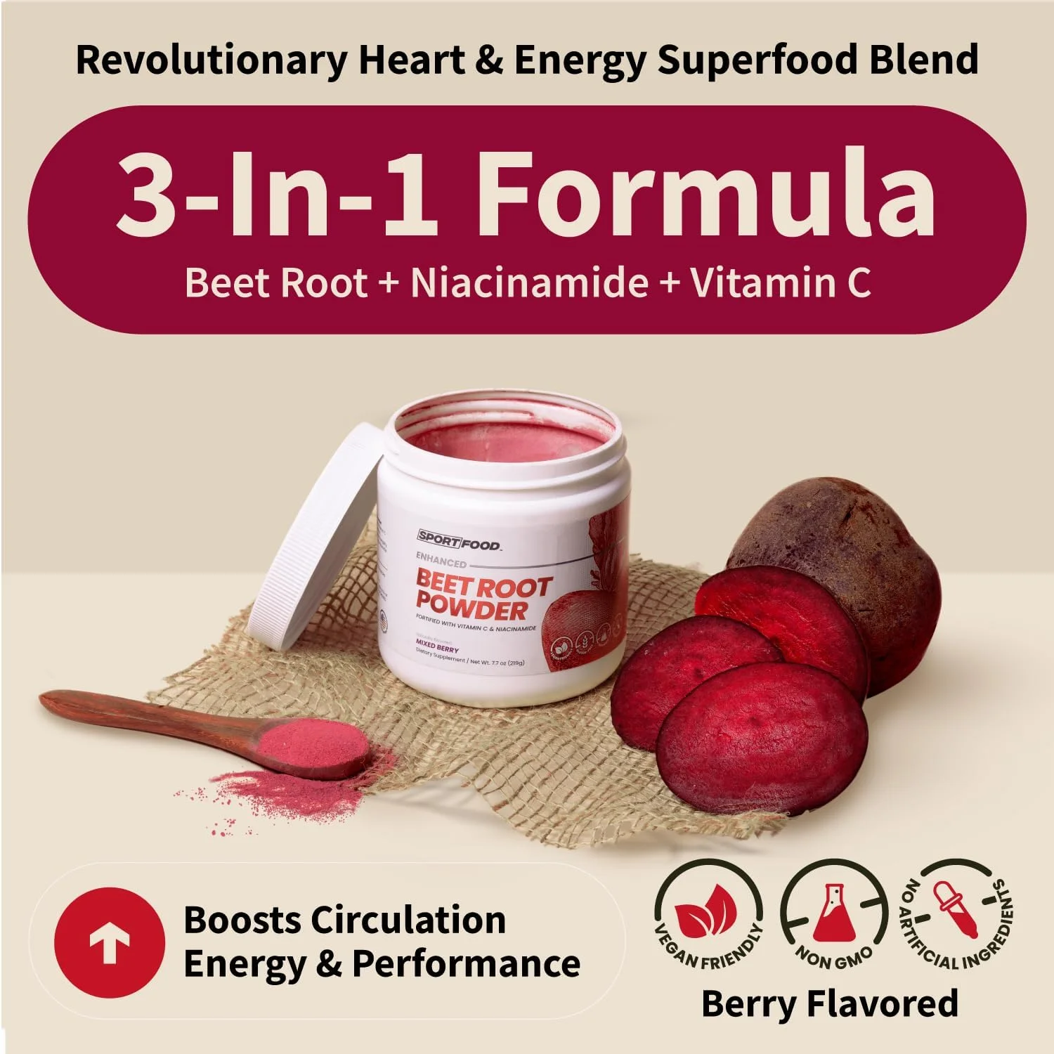 پودر ریشه چغندر SPORTFOOD با نیاسینامید و ویتامین C - سوپرفود برای گردش خون، انرژی و استقامت | وگان، غیر GMO، تقویت کننده نیتریک اکسید برای قبل از تمرین و سلامت قلب | طعم میکس بری | 220 گرم
