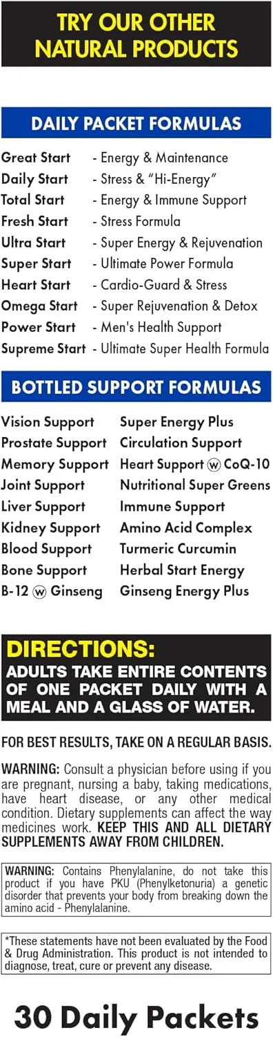 پک کامل ویتامین روزانه سوپر استارت | تقویت کننده 10 برابری انرژی و استقامت، پشتیبانی از عضلات | ویتامین A، B، C، D، E، B12، مواد معدنی، آمینو اسیدها، گرده زنبور عسل، آشواگاندا، جینسینگ پاناکس (30 بسته)