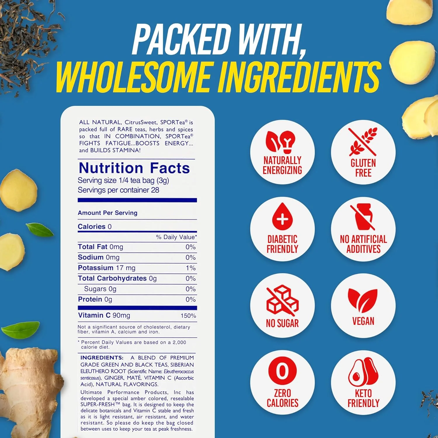 اسپورت تی آیسد | نوشیدنی انرژی‌زای طبیعی بدون کافئین با چای سبز و سیاه، ویتامین‌ها، مواد معدنی، الکترولیت‌ها، یربا ماته و جینسینگ سیبری | 7 کیسه چای دم سرد | سالم و آسان برای دم کردن | یک جعبه