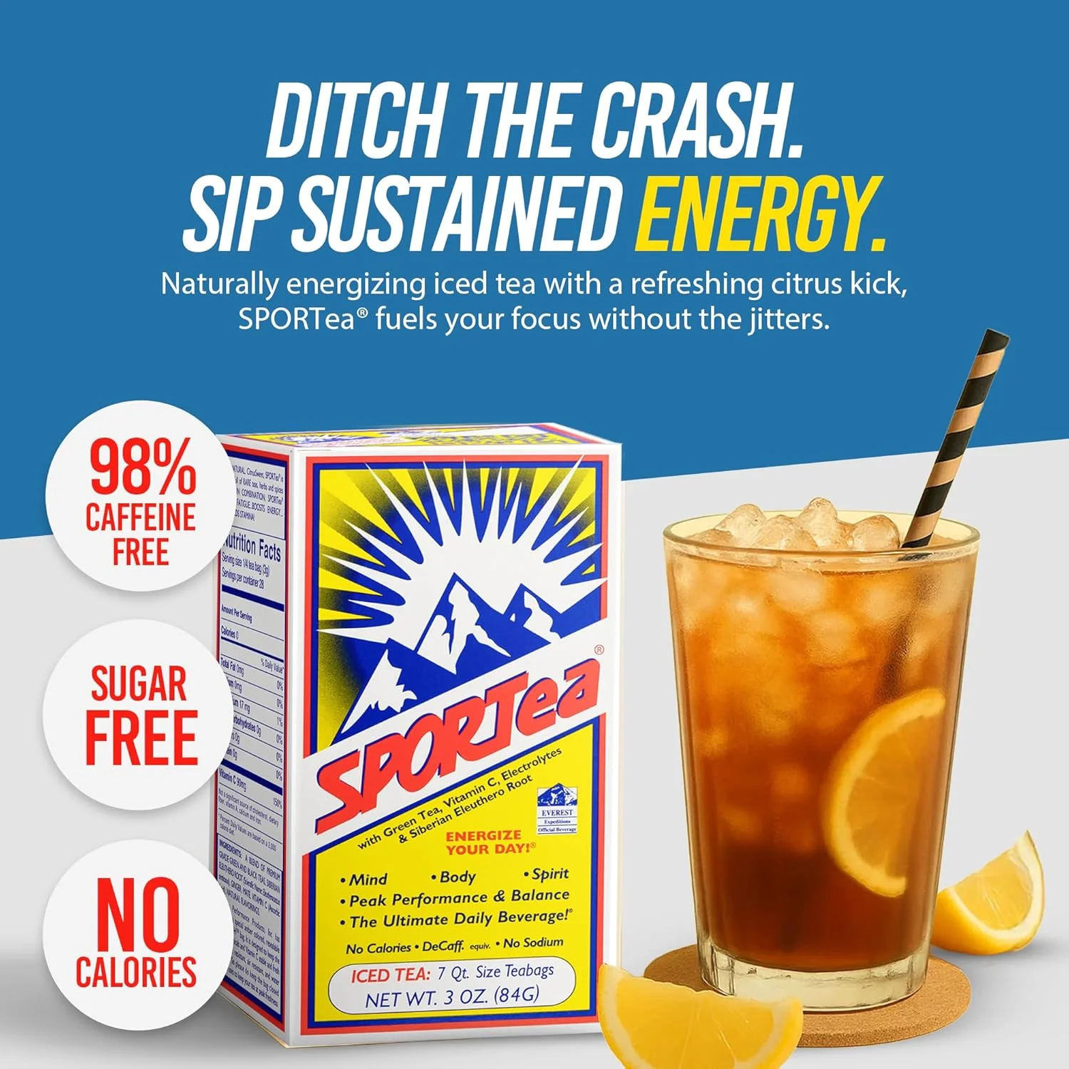 اسپورت تی آیسد | نوشیدنی انرژی‌زای طبیعی بدون کافئین با چای سبز و سیاه، ویتامین‌ها، مواد معدنی، الکترولیت‌ها، یربا ماته و جینسینگ سیبری | 7 کیسه چای دم سرد | سالم و آسان برای دم کردن | یک جعبه