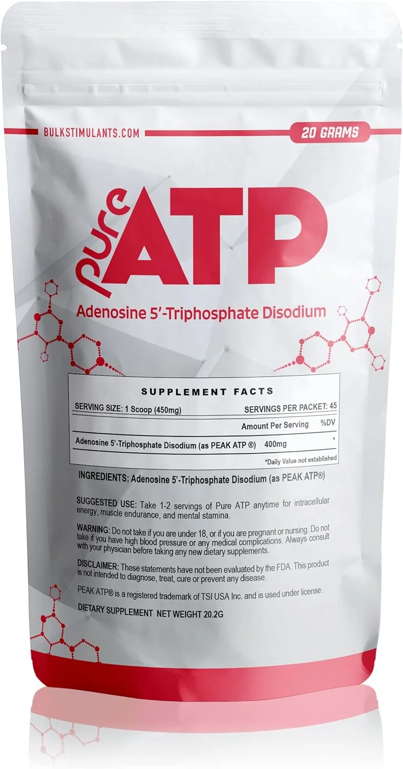 پودر آدنوزین تری فسفات ATP خالص BulkStimulants - افزایش انرژی، استقامت، قدرت، ریکاوری و پمپ عضلانی، سریعتر از کراتین HMB و نیتریک اکسید، مکمل طبیعی قبل از تمرین - 20 گرم