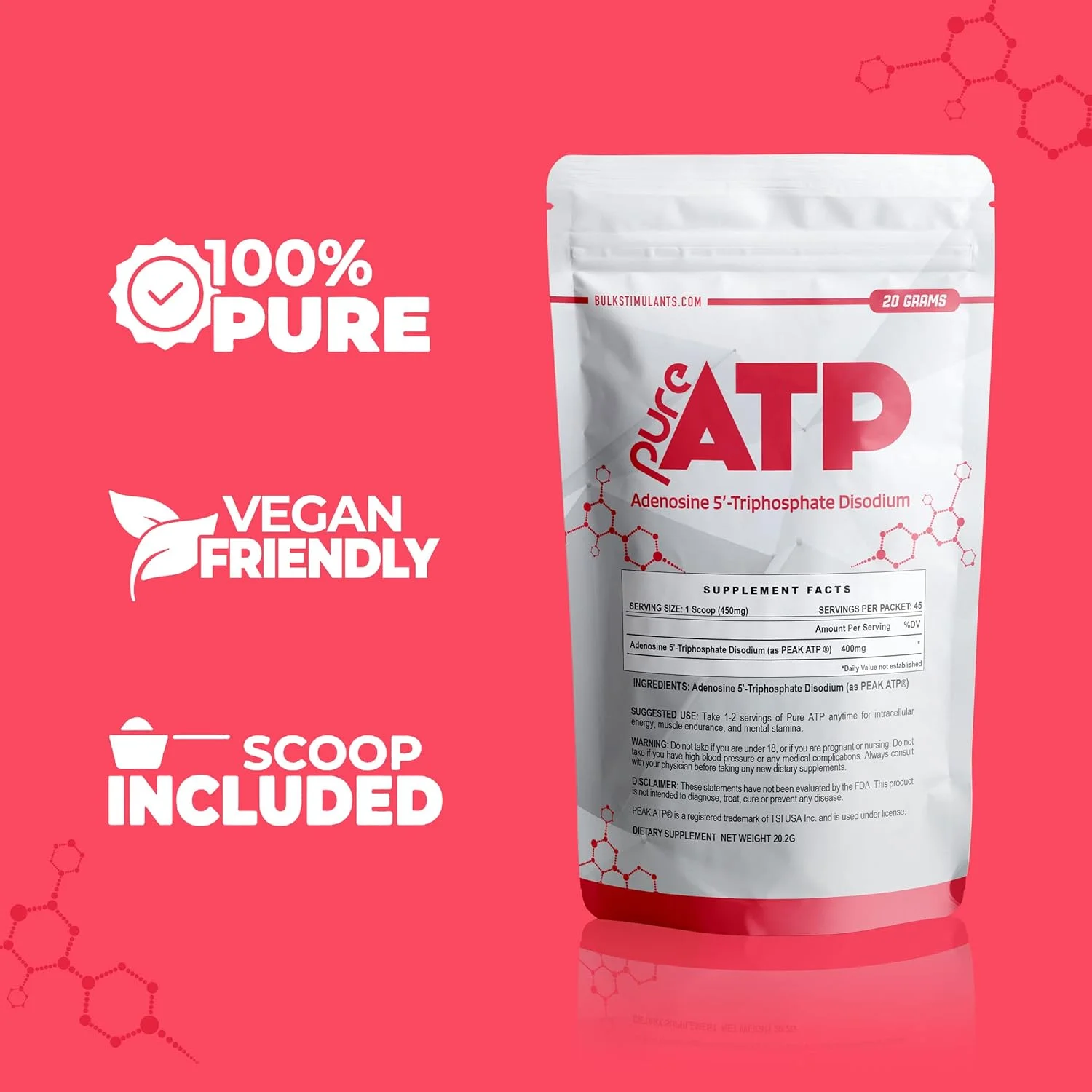پودر آدنوزین تری فسفات ATP خالص BulkStimulants - افزایش انرژی، استقامت، قدرت، ریکاوری و پمپ عضلانی، سریعتر از کراتین HMB و نیتریک اکسید، مکمل طبیعی قبل از تمرین - 20 گرم
