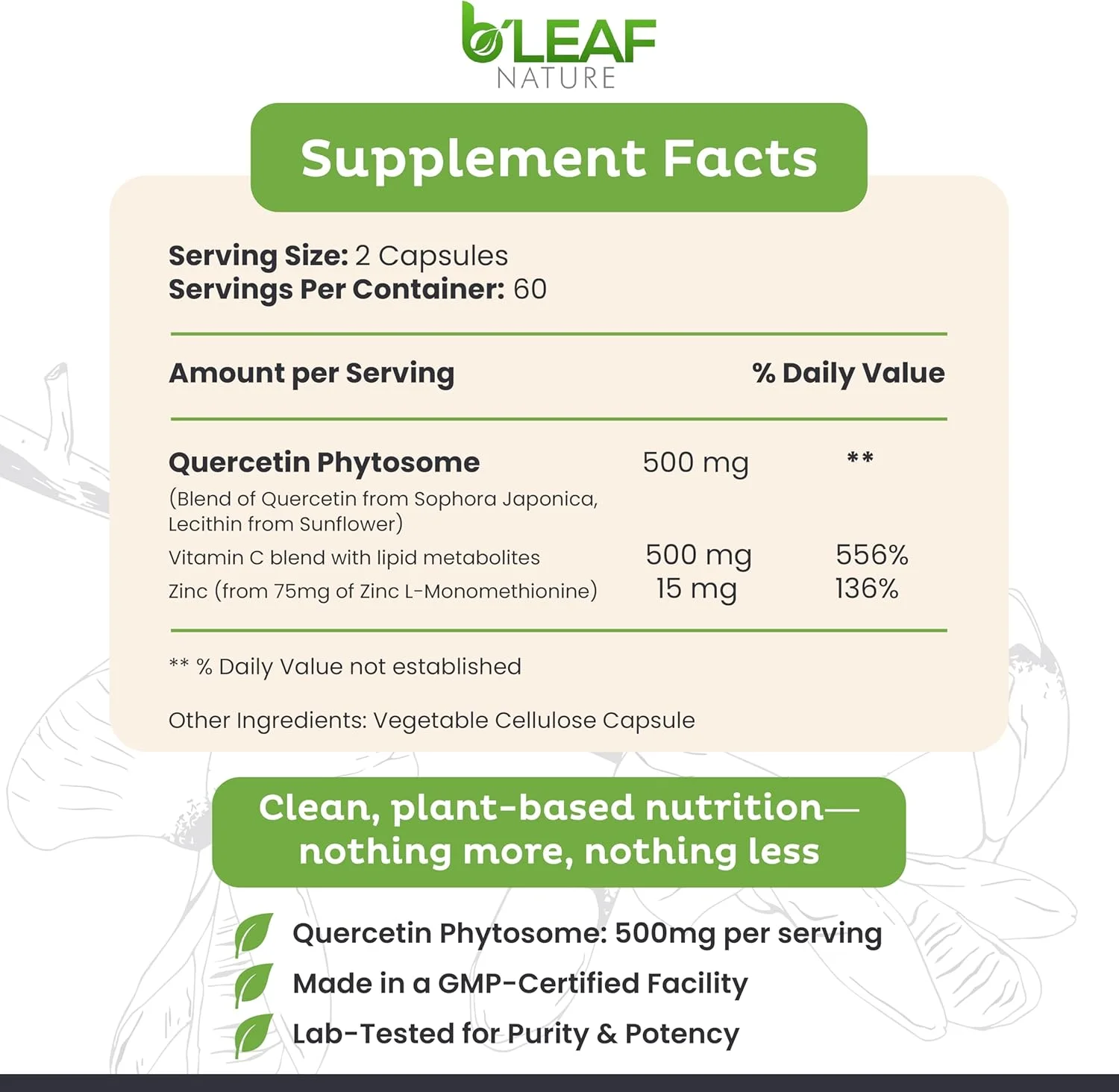 کوئرستین فیتوزوم B'LEAF NATURE، 120 کپسول – 1000 میلی گرم کوئرستین با جذب بالا به همراه ویتامین C و زینک – مکمل کوئرستین گیاهی غیر GMO برای حمایت از سیستم ایمنی، انرژی و فصلی