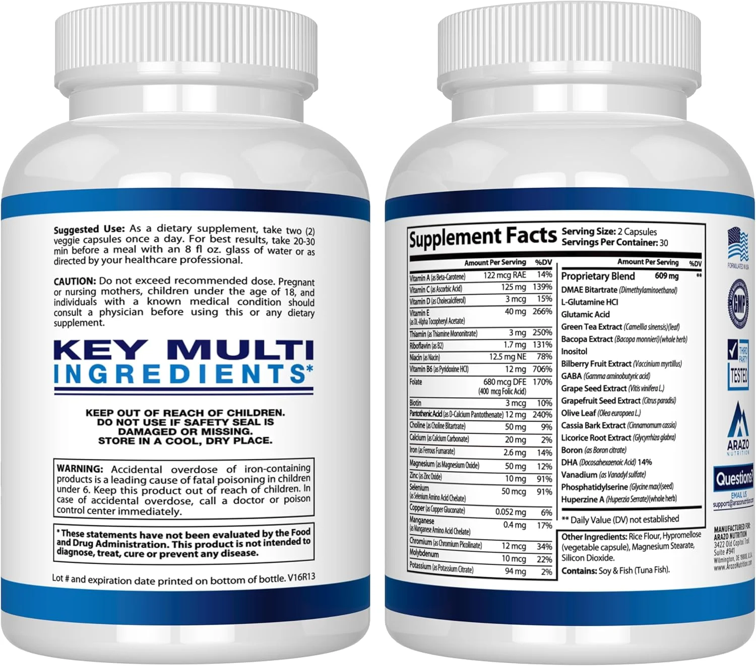 مکمل ممتاز عملکرد مغز Arazo Nutrition - حافظه، تمرکز، وضوح - تقویت کننده نوتروپیک با DMAE، Bacopa Monnieri، L-Glutamine، مولتی ویتامین ها، مواد معدنی