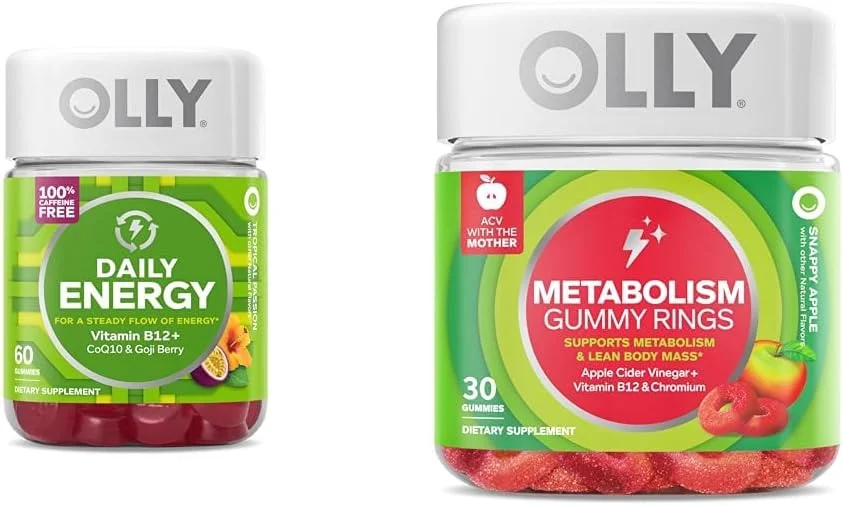 پاستیل انرژی روزانه OLLY، بدون کافئین، ویتامین B12، کوآنزیم Q10، گوجی بری، مکمل جویدنی بزرگسالان و حلقه های پاستیلی متابولیسم، سرکه سیب، ویتامین B12، کروم، انرژی و سلامت دستگاه گوارش