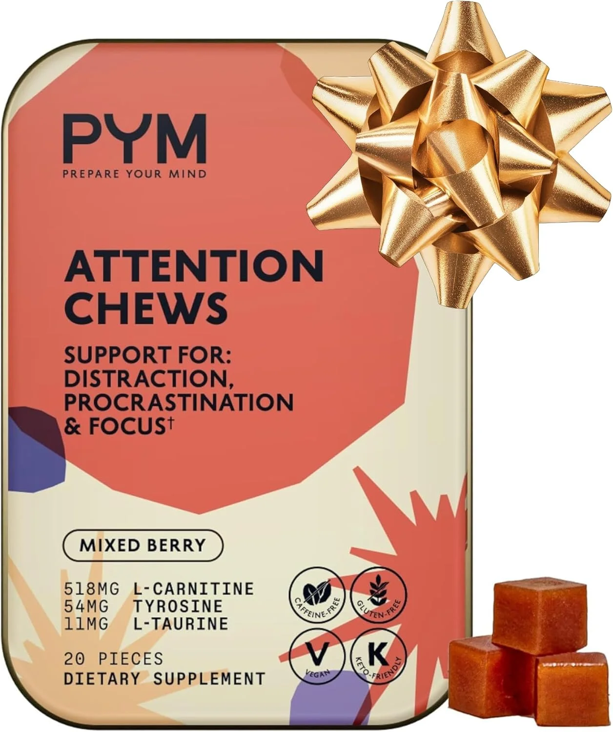 آدامس های جویدنی برای تمرکز و بهره وری، 20 عدد | 518 میلی گرم ال-کارنیتین، 54 میلی گرم تیروزین، 11 میلی گرم ال-تورین، بدون کافئین | مکمل تقویت کننده خلق و خوی طبیعی ساخت آمریکا