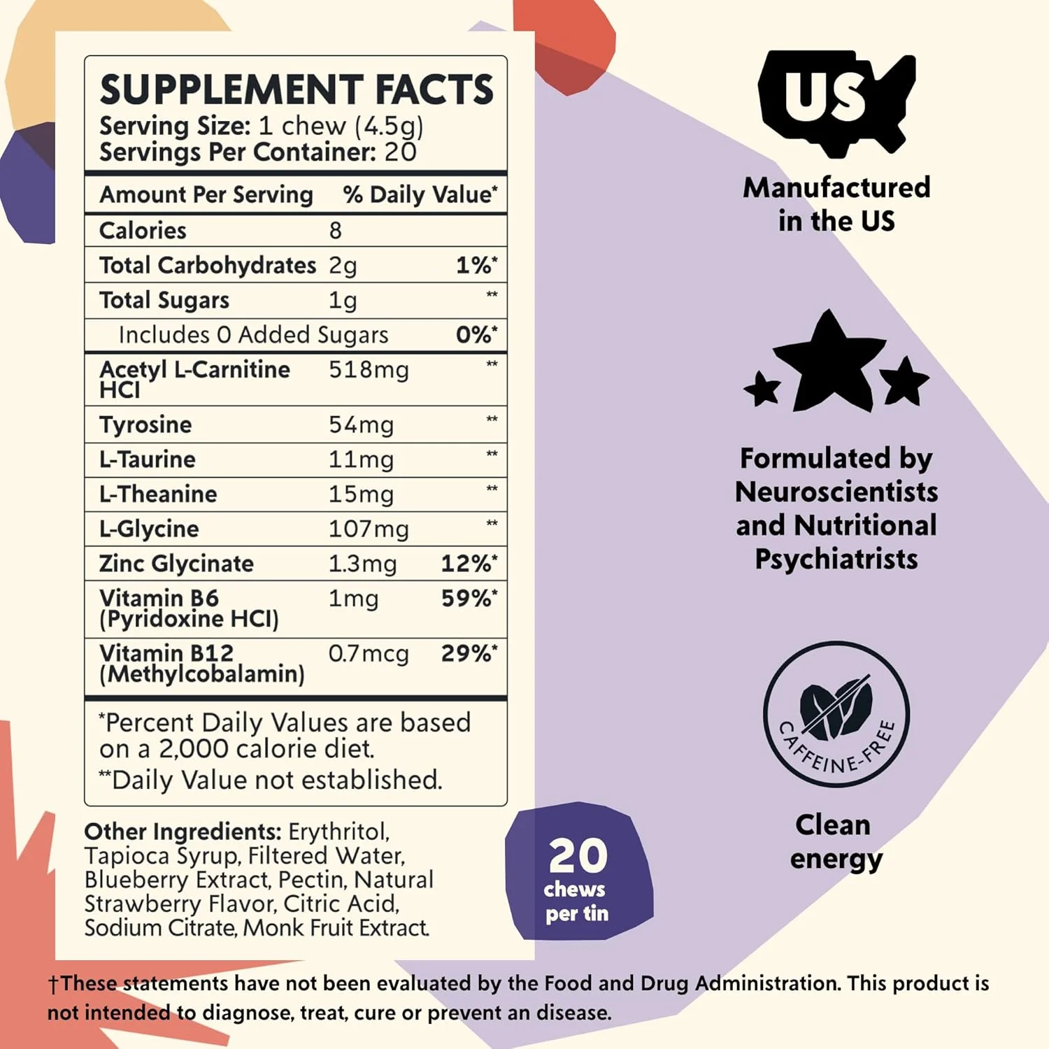 آدامس های جویدنی برای تمرکز و بهره وری، 20 عدد | 518 میلی گرم ال-کارنیتین، 54 میلی گرم تیروزین، 11 میلی گرم ال-تورین، بدون کافئین | مکمل تقویت کننده خلق و خوی طبیعی ساخت آمریکا