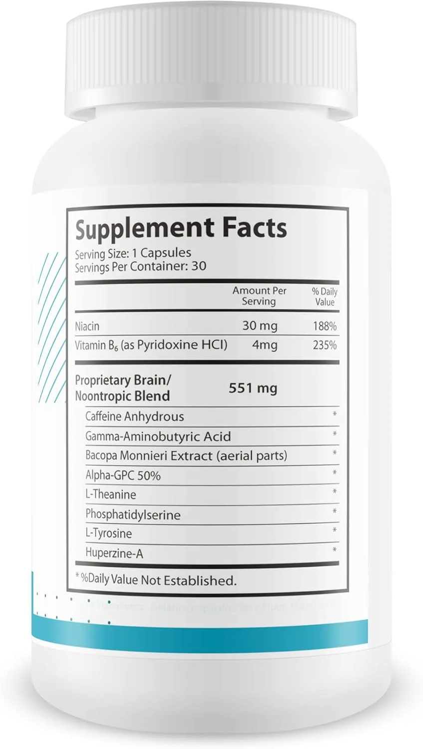 محافظ مغز پرو - مکمل تقویت کننده مغز - فرمول تقویت ذهن پرو برای حافظه، تمرکز و وضوح - قرص های مطالعه - باکوپا، نیاسین، کافئین + ال تیانین، گابا - تقویت حفظ حافظه و یادگیری