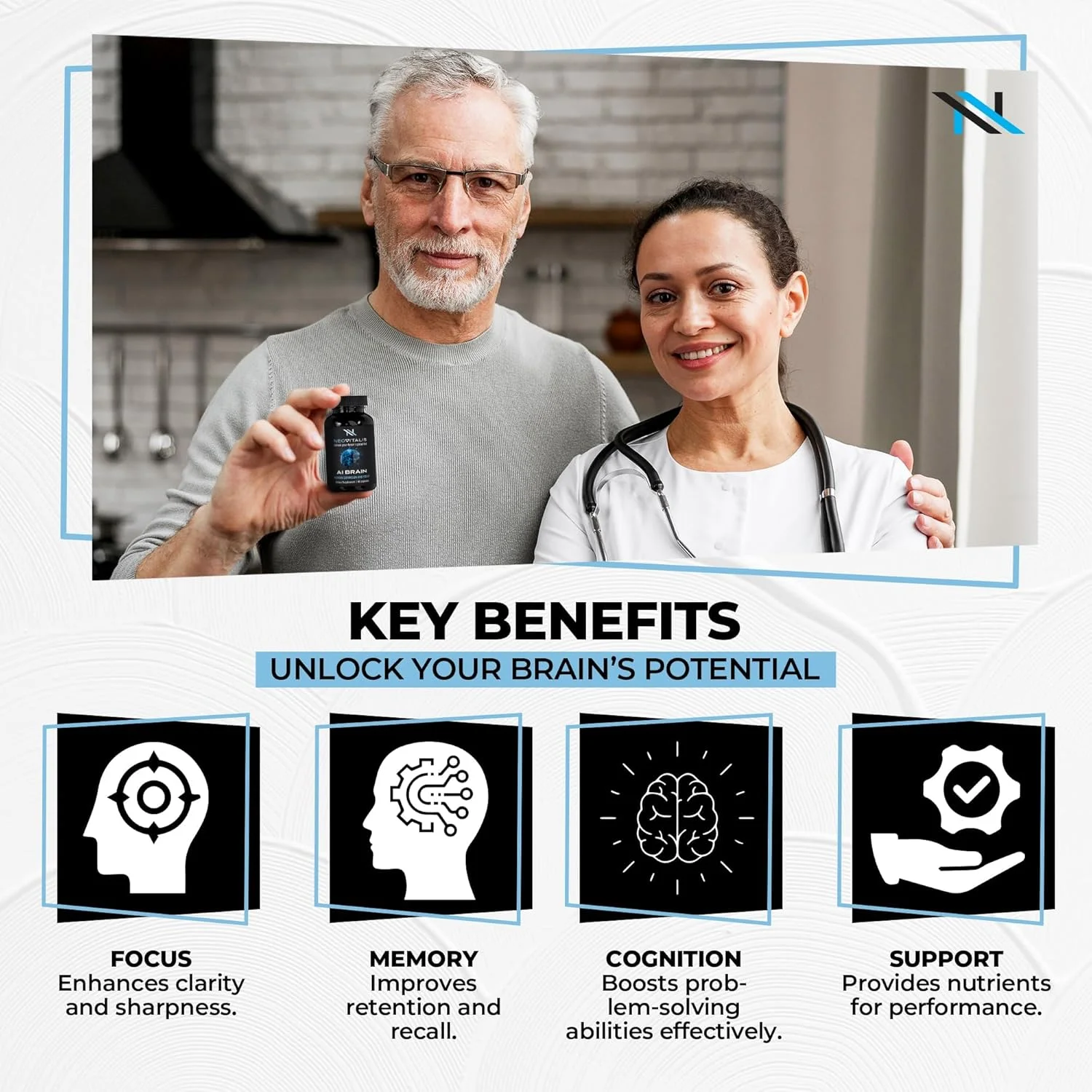 مکمل نوتروپیک مغز مصنوعی برای تمرکز، حافظه و بهبود وضوح ذهنی، کپسول برای مردان و زنان، پشتیبانی شناختی روزانه بدون کافئین با باکوپا، آلفا GPC و ویتامین B6، 60 کپسول گیاهی