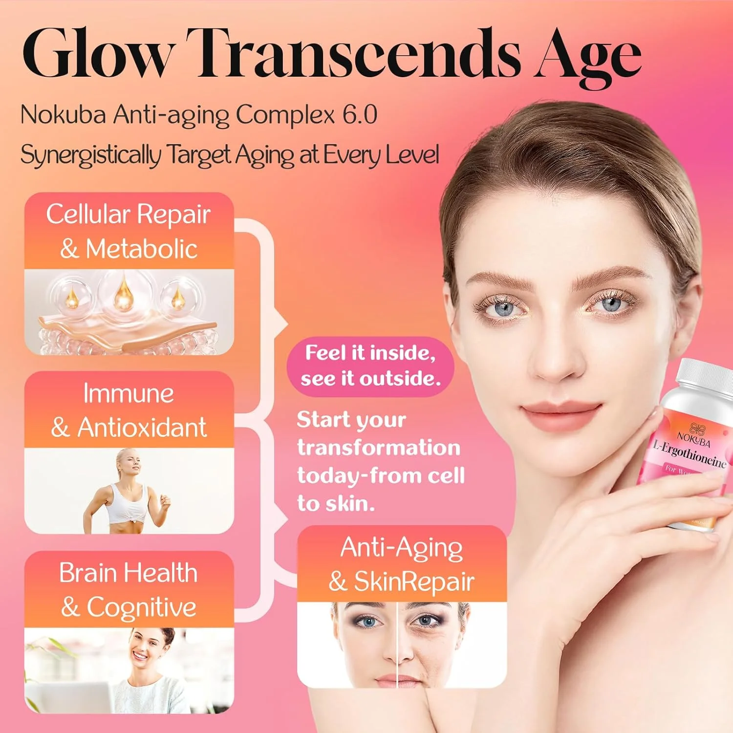 ال-ارگوتیونئین با پپتیدهای کلاژن، اسید هیالورونیک | 2 برابر آنتی اکسیدان گلوتاتیون | مکمل 11 در 1 قارچ برای بانوان | پشتیبانی از پوست، مغز، سیستم ایمنی، شناختی | 60 کپسول