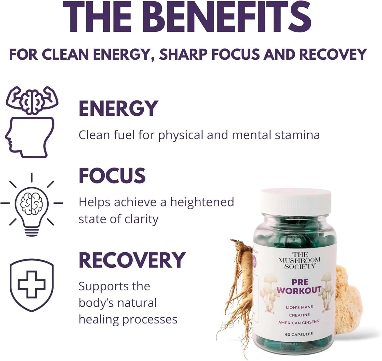 مکمل قبل از تمرین - افزایش تمرکز و عملکرد با یال شیر، کراتین، جینسینگ آمریکایی و بتا گلوکان ها - انرژی و استقامت طبیعی بدون کافئین - 60 کپسول گیاهی