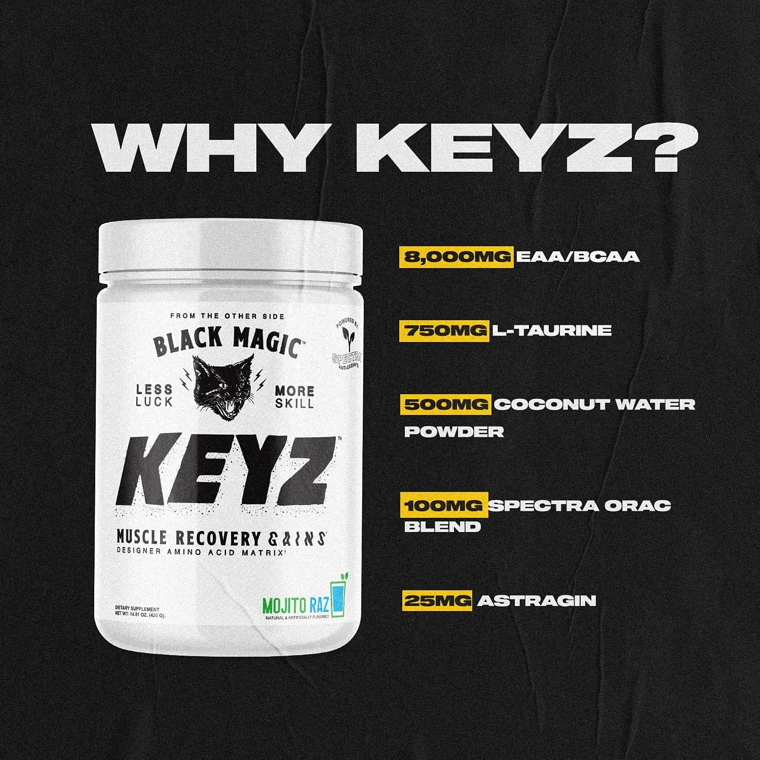 پودر ماتریکس آمینو اسید Black Magic Keyz - ریکاوری عضلات و استقامت - EAA، BCAA و تورین - کتو، بدون شکر، بدون کافئین - پینا کولادا - 420 گرم