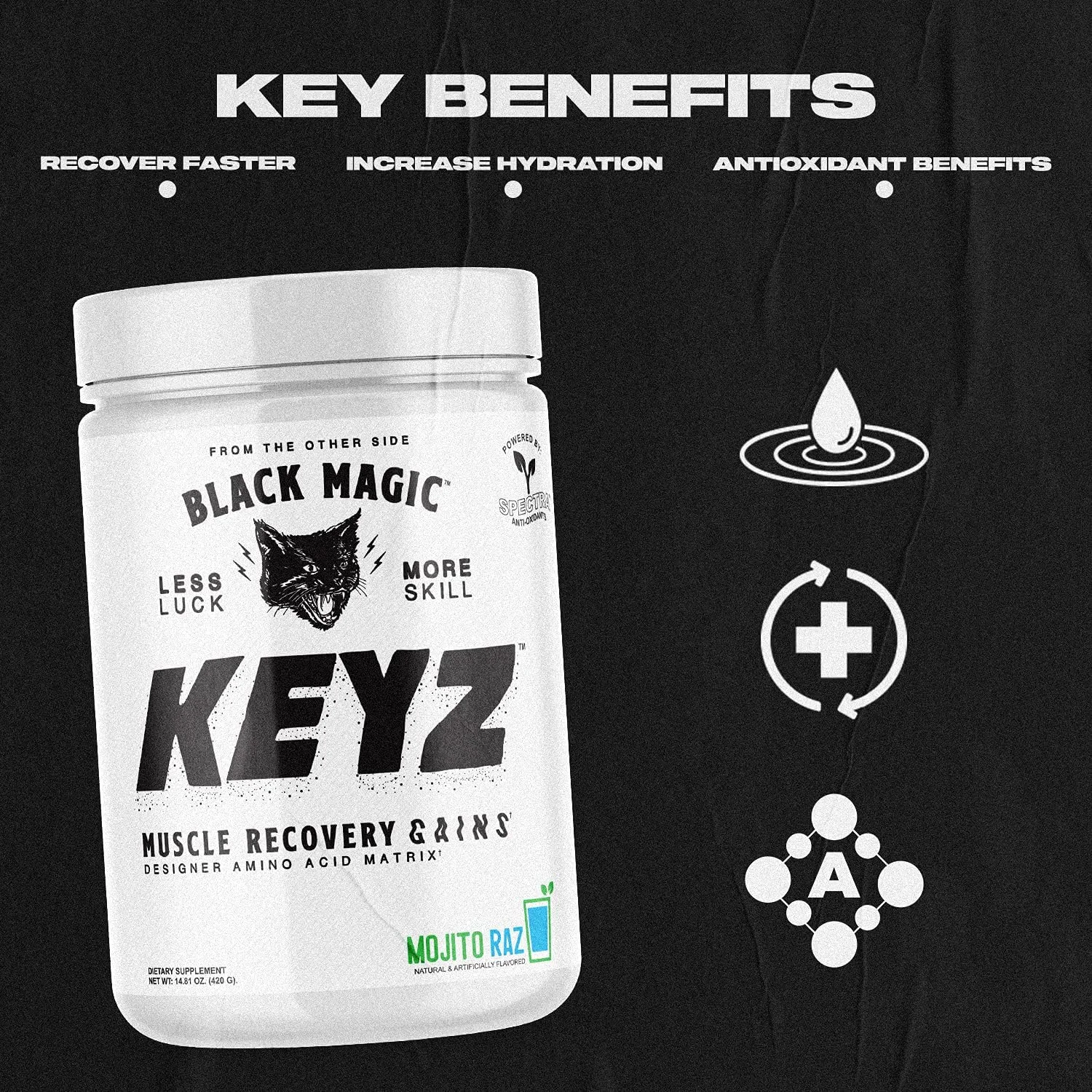 پودر ماتریکس آمینو اسید Black Magic Keyz - ریکاوری عضلات و استقامت - EAA، BCAA و تورین - کتو، بدون شکر، بدون کافئین - پینا کولادا - 420 گرم