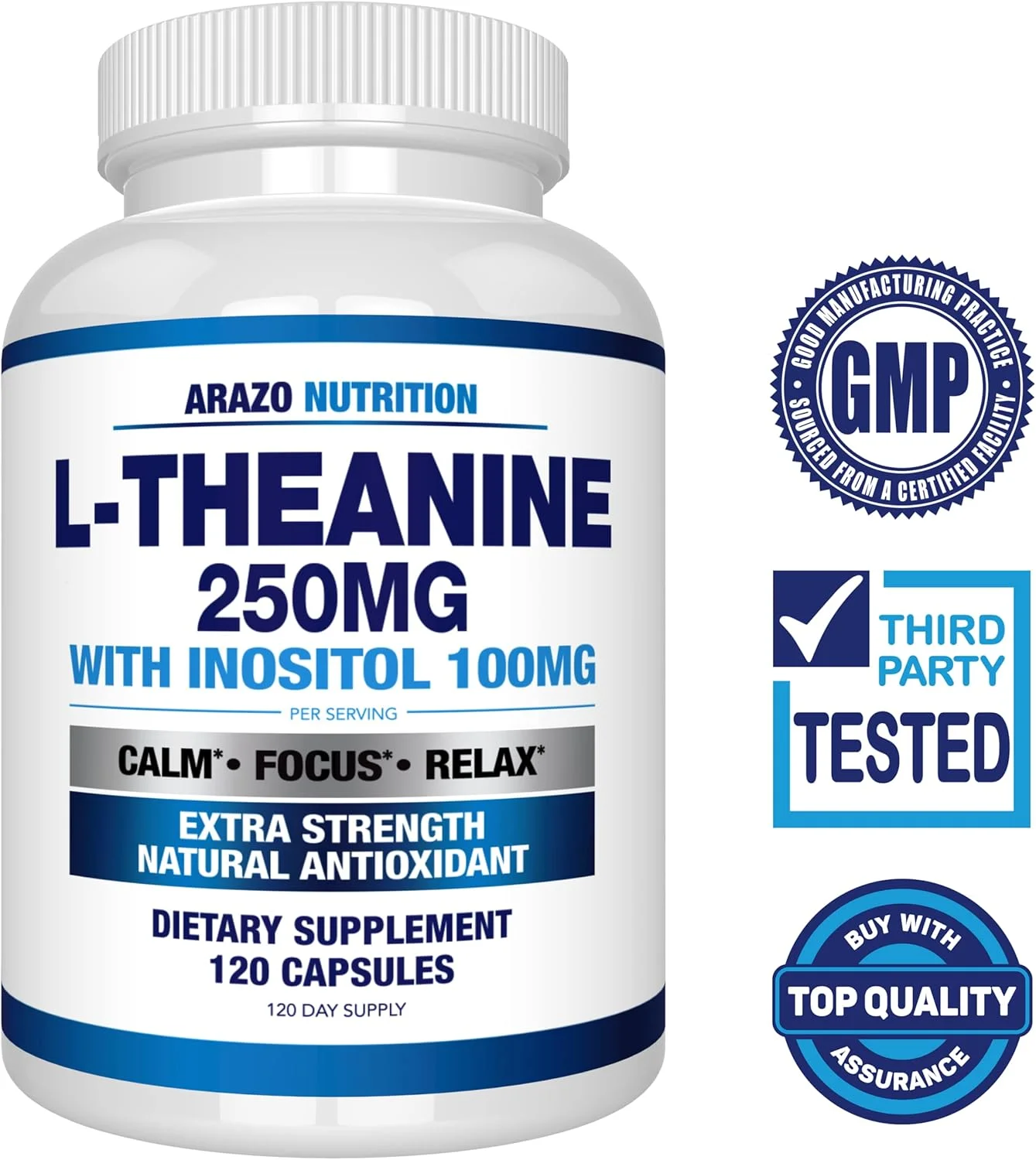 ال-تیانین ۲۵۰ میلی گرم (قدرت مضاعف) به همراه اینوزیتول ۱۰۰ میلی گرم، ۱۲۰ کپسول گیاهی