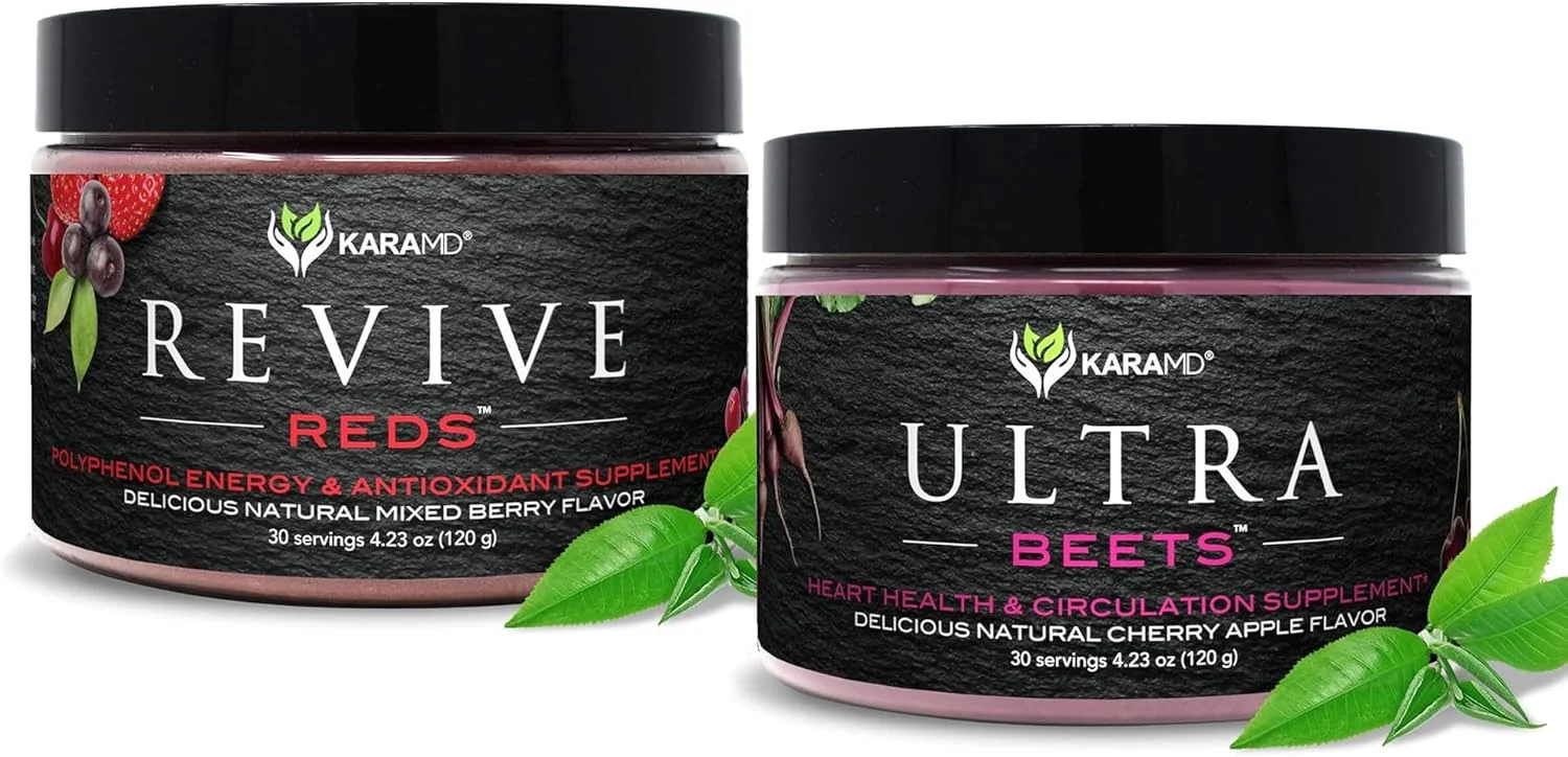 پودر سوپرفود چغندر UltraBeets و تقویت کننده انرژی پلی فنول KaraMD Revive Reds | آنتی اکسیدان ها، شیلاجیت، چغندر، تقویت کننده اکسید نیتریک | غیر GMO، بدون گلوتن، مناسب برای گیاهخواران (30 سروینگ)