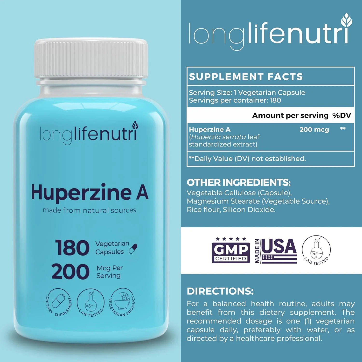 LongLifeNutri Huperzine A 200mcg - from Huperzia Serrata Leaf, 180 Vegetarian Capsules, Natural Brain Nootropic for Focus, Memory, and Clarity, 6 Month Supply, GMP Certified, Made in USA