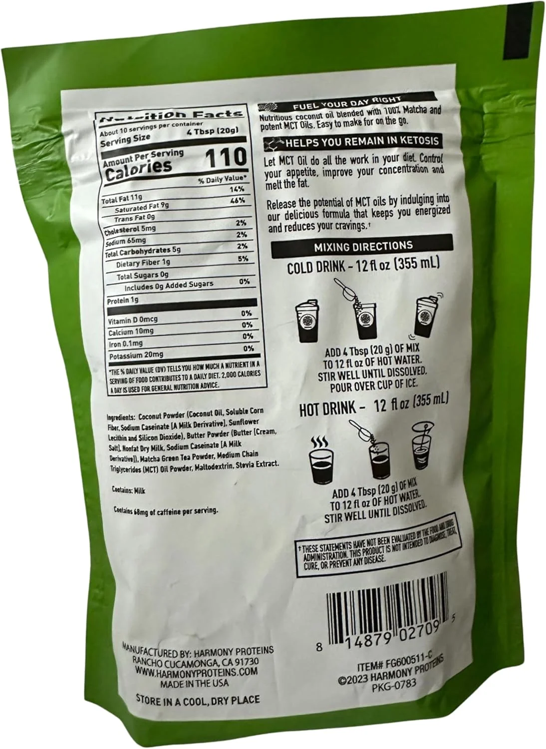 هارمونی، ماچا کتو، ماچا خالص ژاپنی برای افزایش انرژی و عملکرد ذهنی، بسته پودر نوشیدنی فوری، 68 میلی گرم کافئین در هر وعده، 7.0 اونس