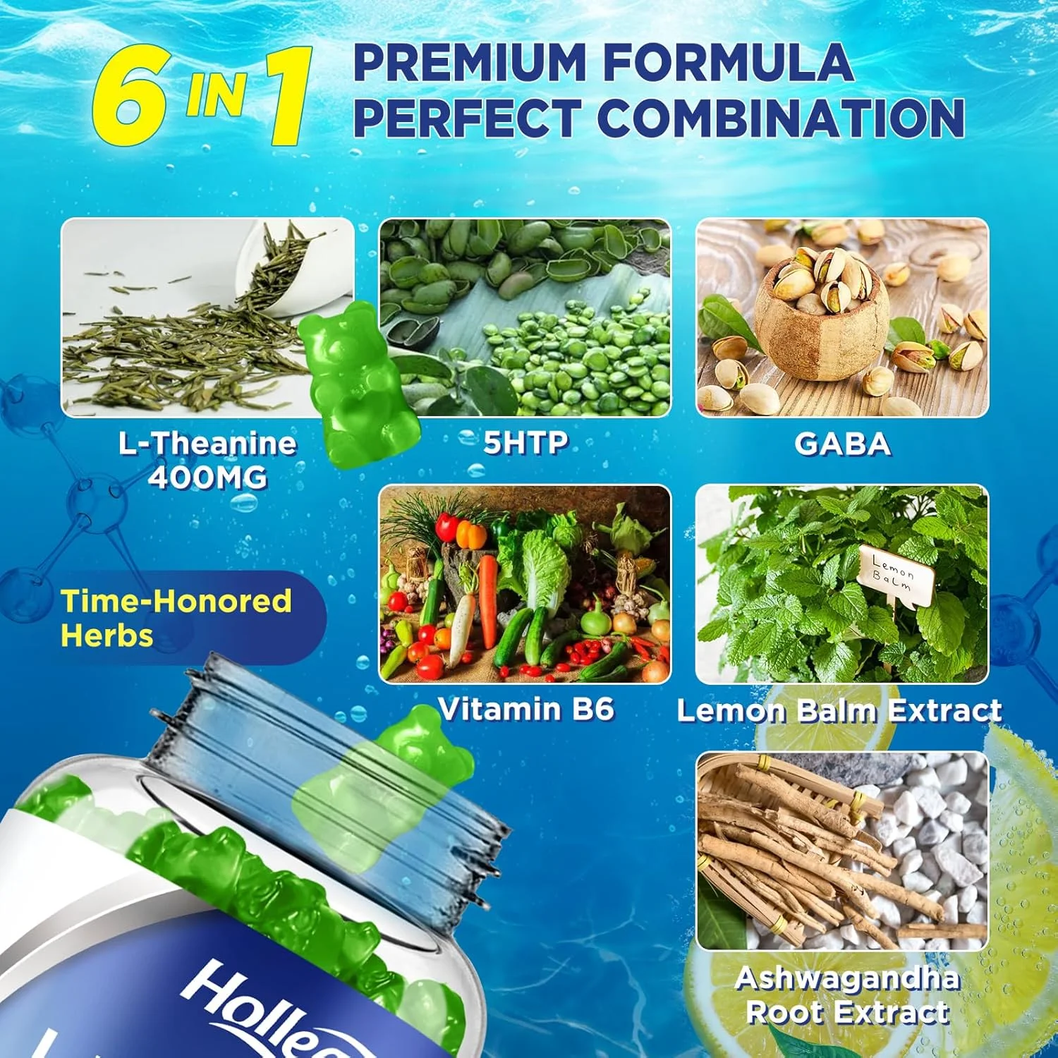 پاستیل ال-تیانین، ال-تیانین 400 میلی گرم با آشواگاندا، گابا، 5HTP، مکمل جویدنی ال-تیانین برای آرامش و تمرکز، وگان، طعم لیمو، 120 عدد