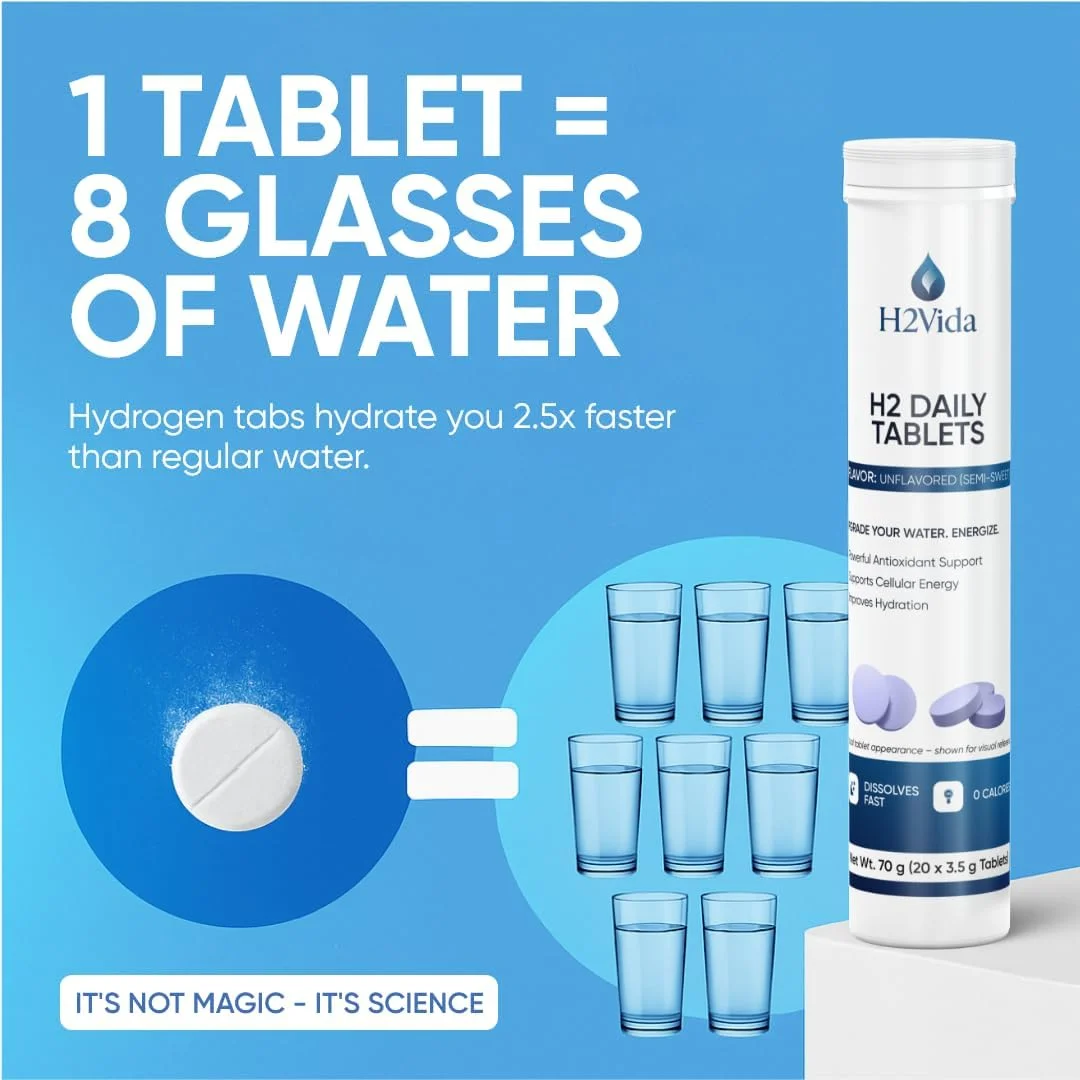 قرص های آب هیدروژنه - مکمل منیزیم برای انرژی، سم زدایی، آبرسانی و تمرکز - تقویت کننده انرژی - 1 بسته بدون طعم 20 قرص