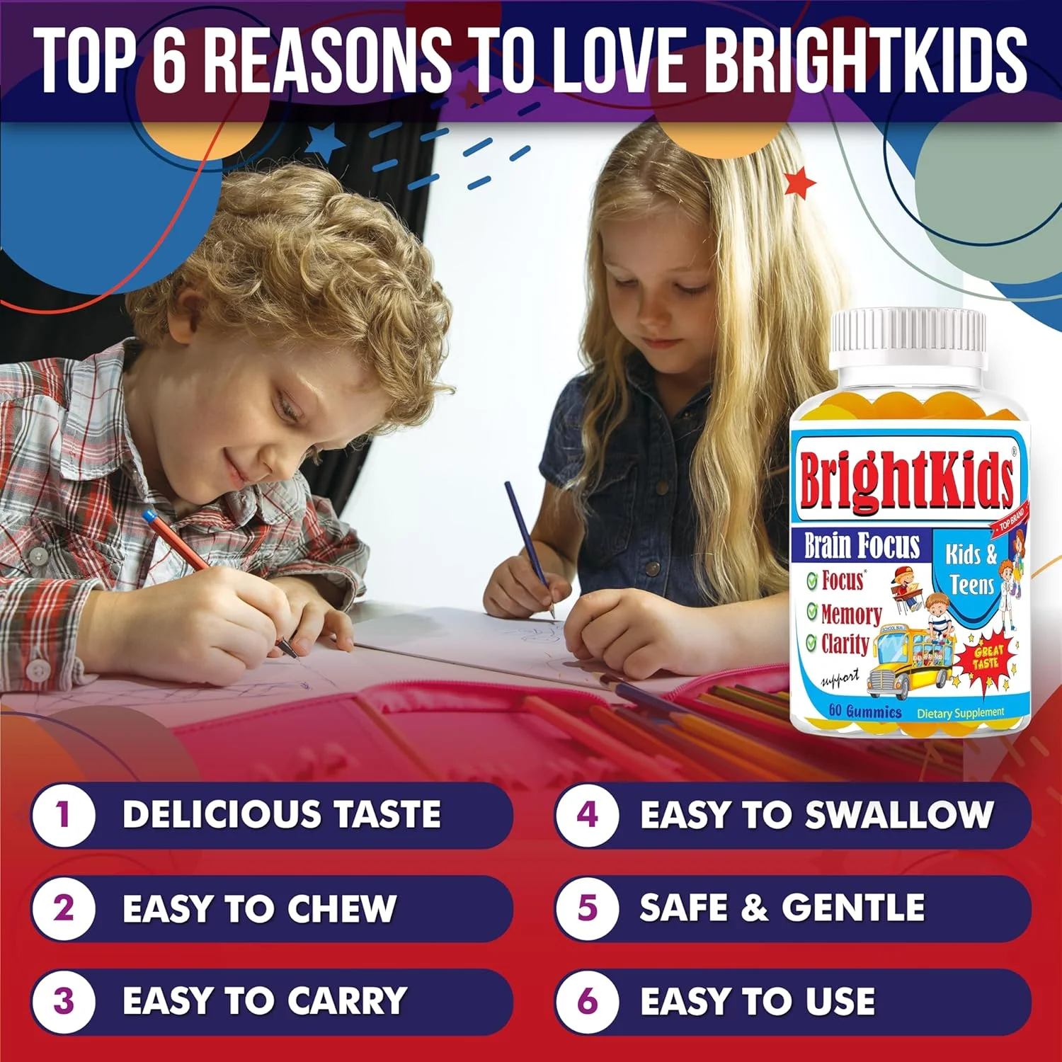 پاستیل های تقویت تمرکز برای کودکان و نوجوانان برای حافظه و تمرکز، ویتامین های امگا 3 DHA برای مغز کودکان، مکمل پشتیبانی از توجه و یادگیری، بدون دارو، ساخت آمریکا، 60 عدد