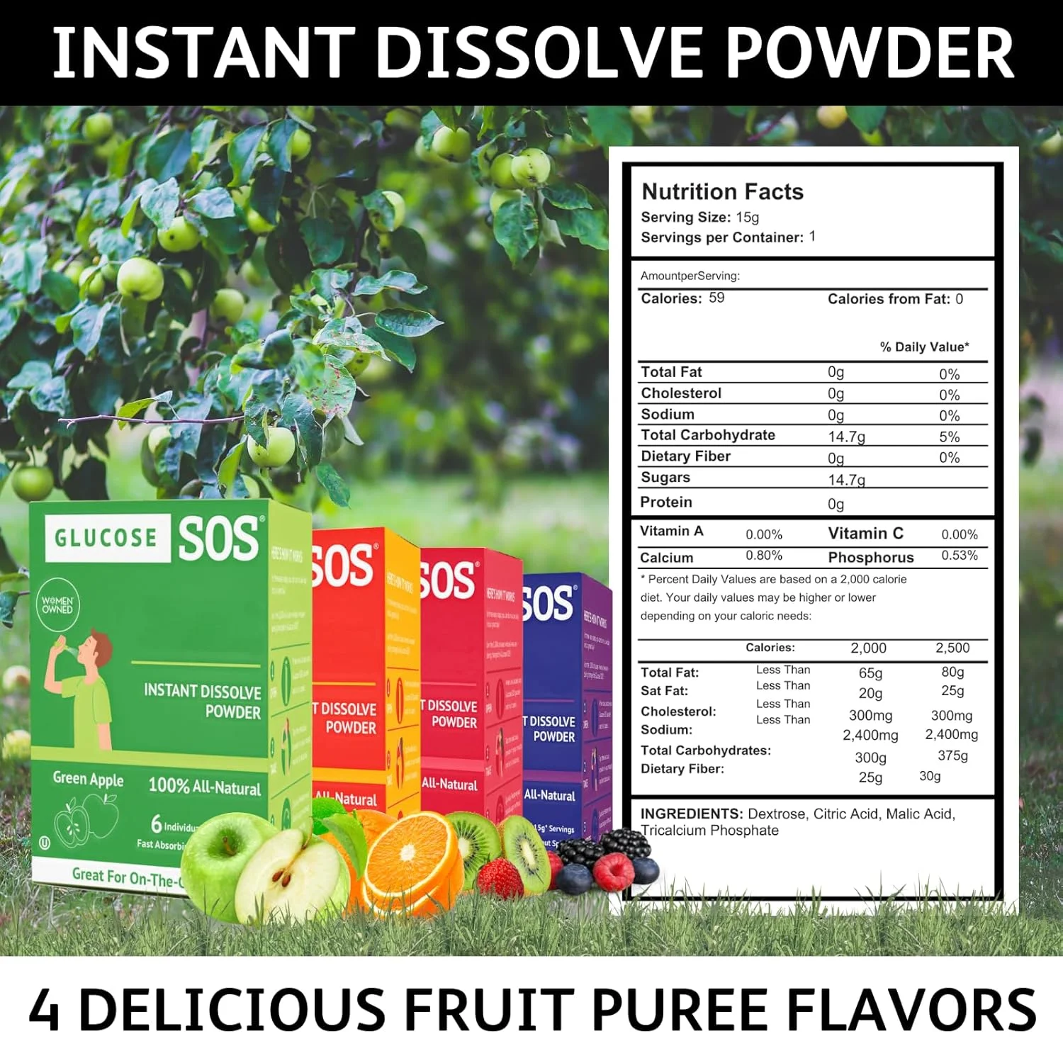 پودر گلوکز SOS با دکستروز طبیعی، جذب سریع که فورا در دهان حل می شود و نیازی به آب ندارد، شیرین و ترش، 72 سروینگ