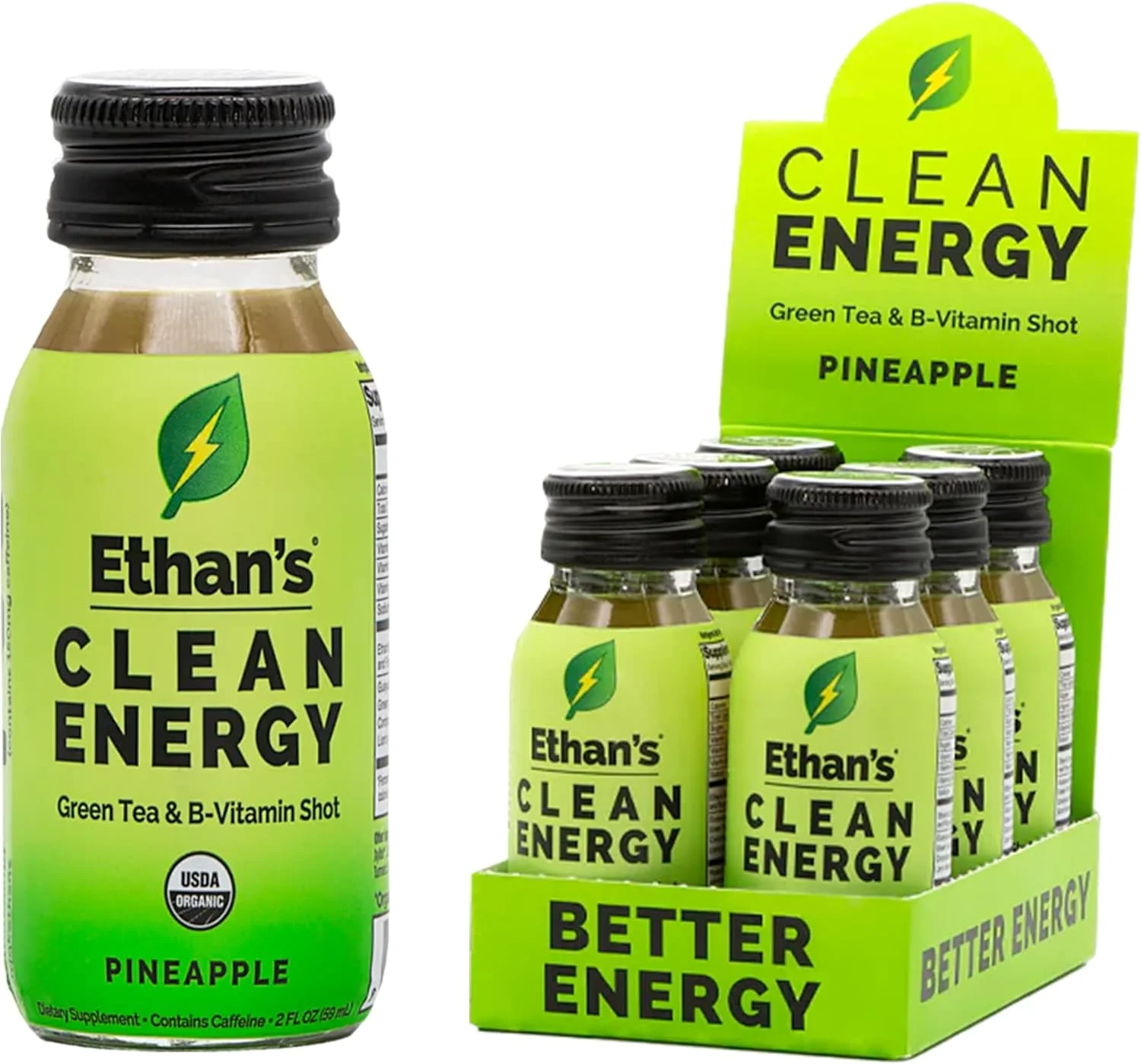 شات انرژی ارگانیک آناناس اتان، تقویت کننده تمرکز طبیعی قبل از تمرین بدون شکر، بدون گلوتن، وگان، ویتامین های B6 و B12 و ویتامین C با عصاره چای سبز و گوایوسا (بسته 6 عددی شات 2 اونسی)