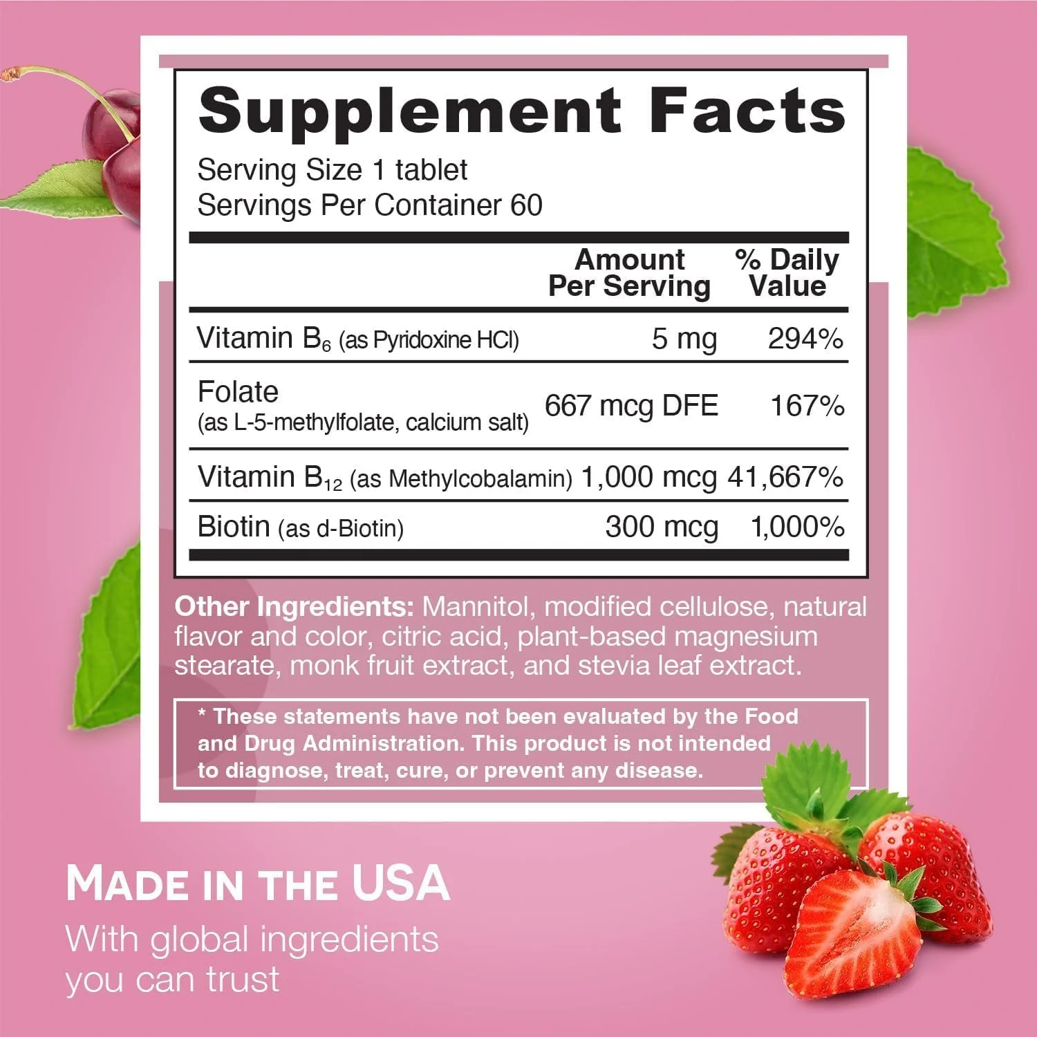 مکمل افزایش دهنده انرژی، حافظه و خلق و خو EZ Melts - مکمل ویتامین های B با ویتامین B12، B6، فولات و بیوتین - غیر GMO و وگان - طعم گیلاس و توت - 60 قرص حل شونده (60 سروینگ)