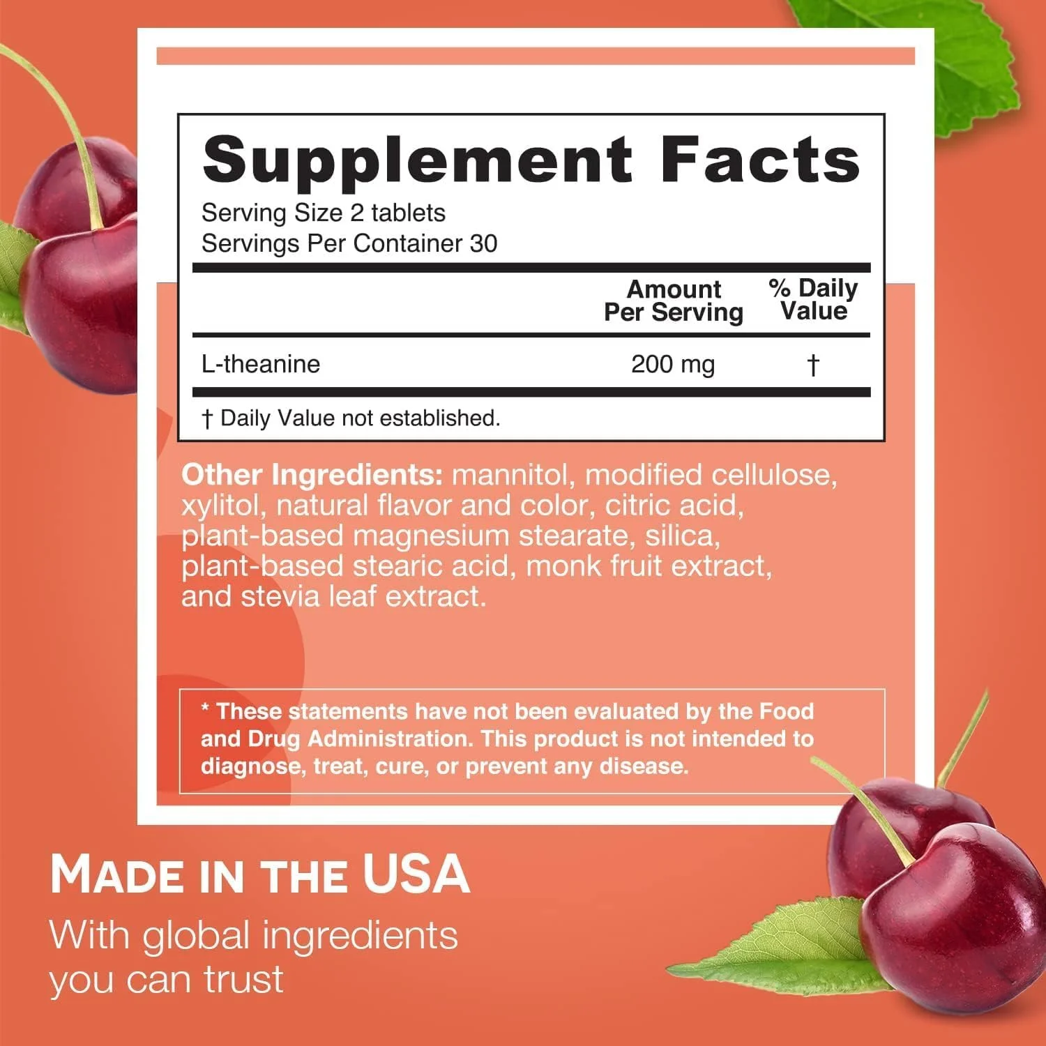 ال-تیانین 200 میلی گرم EZ Melts - مکمل پشتیبانی از آرامش و کاهش استرس - بدون طعم دهنده های مصنوعی - بدون خواب آلودگی - غیر GMO و وگان - گیلاس شیرین - 60 قرص حل شونده (30 سروینگ)