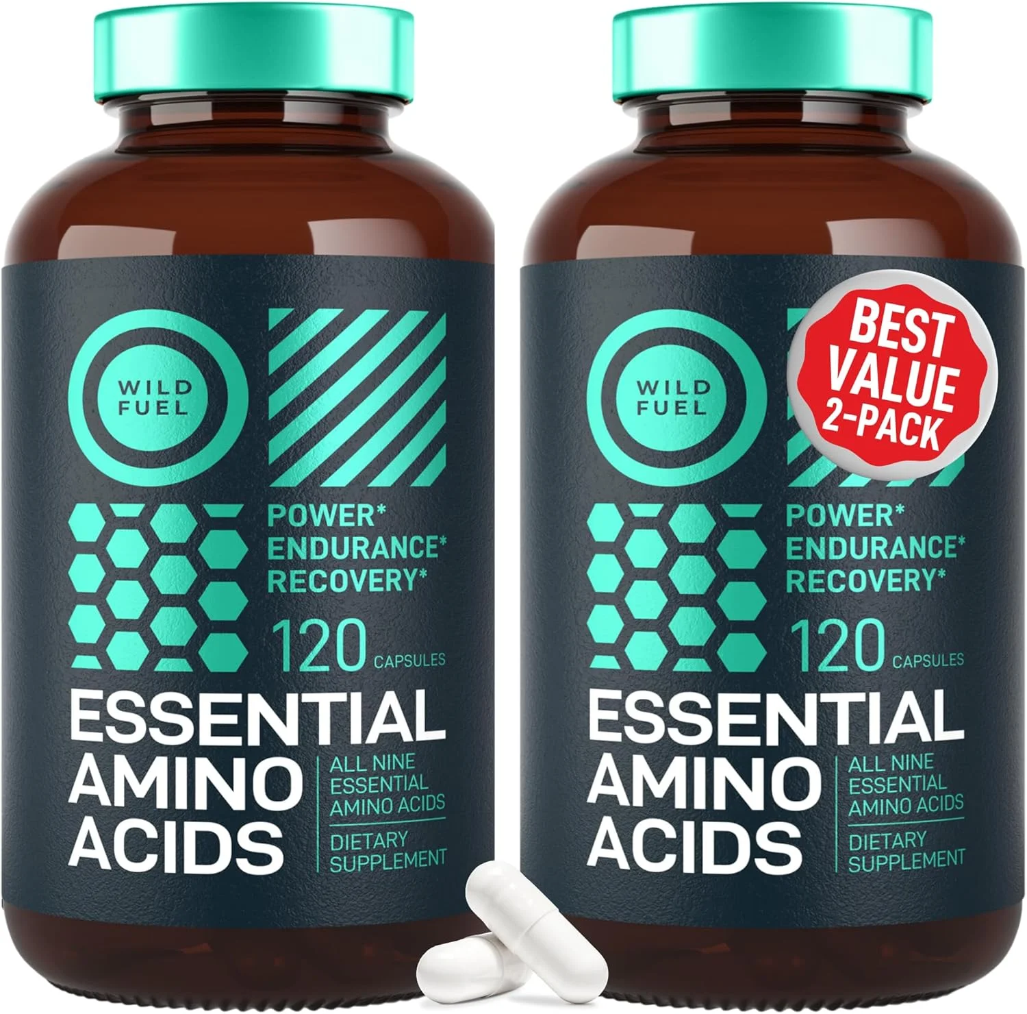 مکمل آمینو اسیدهای ضروری WILD FUEL برای زنان و مردان - مجموعه کامل 9 آمینو اسید شاخه دار (BCAA) برای نیرو و ریکاوری - EAA لیزین، تریپتوفان، ایزولوسین - 2 بسته 240 کپسول گیاهی BCAA