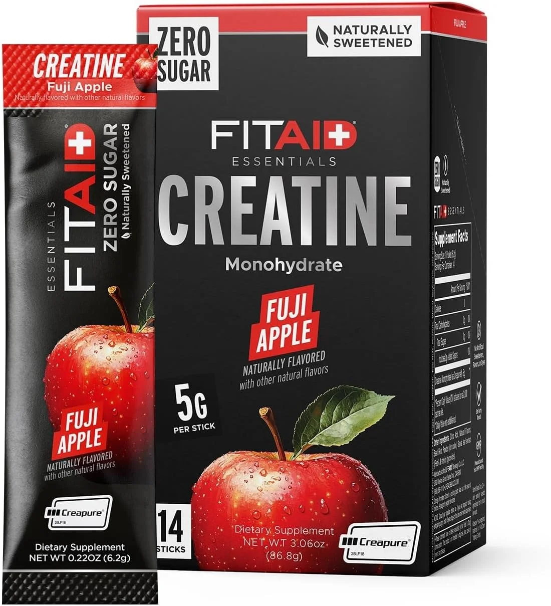 پودر کراتین FITAID، سیب فوجی، مونوهیدرات کراتین، تولید ATP برای وزنه برداری، دوچرخه سواری، بدون شکر، مخلوط آسان، مناسب معده، بسته 14 عددی