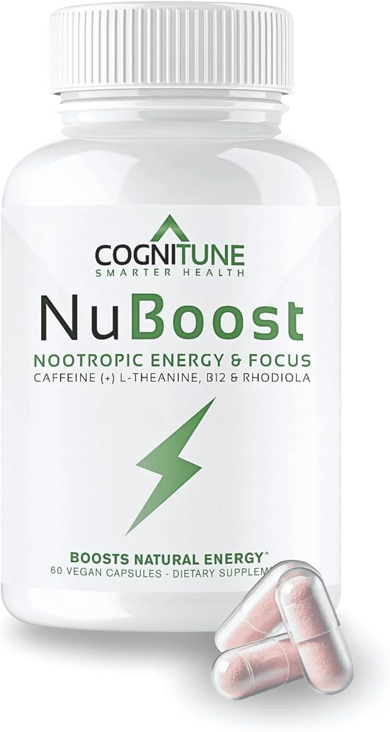مکمل تقویت کننده انرژی و تمرکز مغز CogniTune NuBoost، کافئین ال تیانین، ویتامین B12، رودیولا + BioPerine، بدون افت ناگهانی، قرص های کافئین 100 میلی گرمی بدون لرزش، تقویت کننده مغز نوتروپیک پاک، 60 عدد