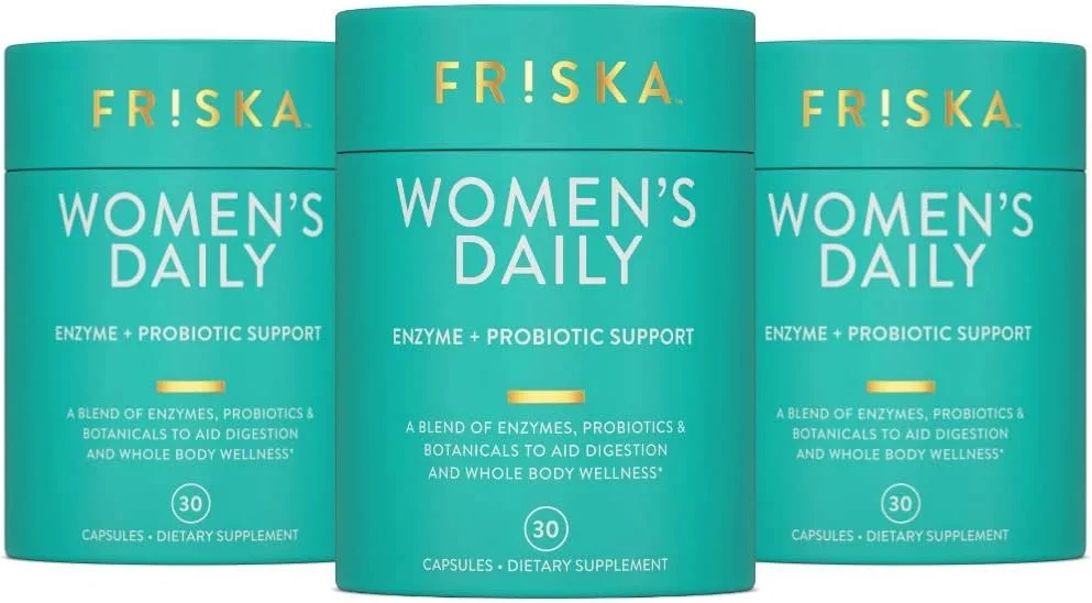 مکمل آنزیم های گوارشی و پروبیوتیک روزانه زنان FRISKA، پشتیبانی طبیعی پیشرفته برای سلامت دستگاه گوارش زنان، مبارزه با نفخ، تسهیل هضم، پشتیبانی از جذب مواد مغذی، 90 کپسول