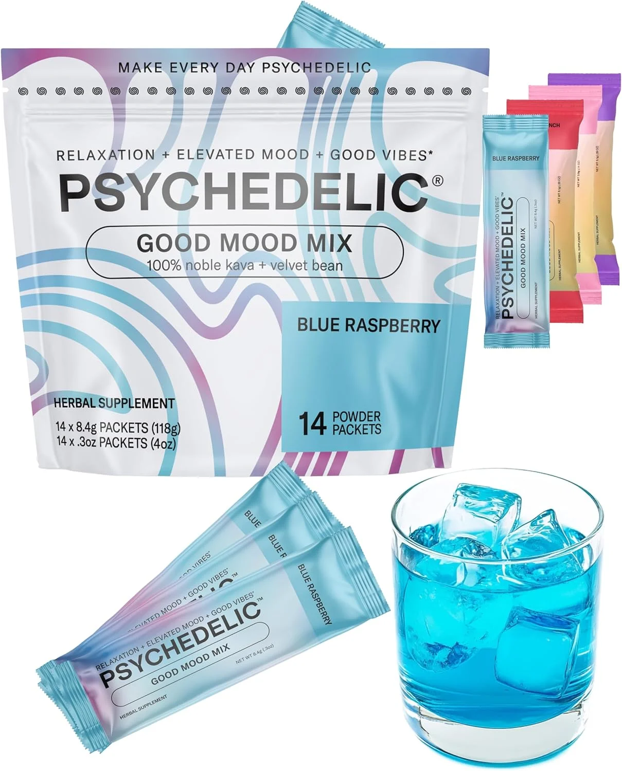 جایگزین آسان نوشیدنی الکلی با اثر آرامش‌بخش - پودر نوشیدنی کاوا با طعم (14x5.5 گرم) - بسته‌های پودر نوشیدنی آرامش‌بخش - نوشیدنی‌های تک نفره با باز کردن آسان - 14 بسته آرامش‌بخش - تمشک آبی