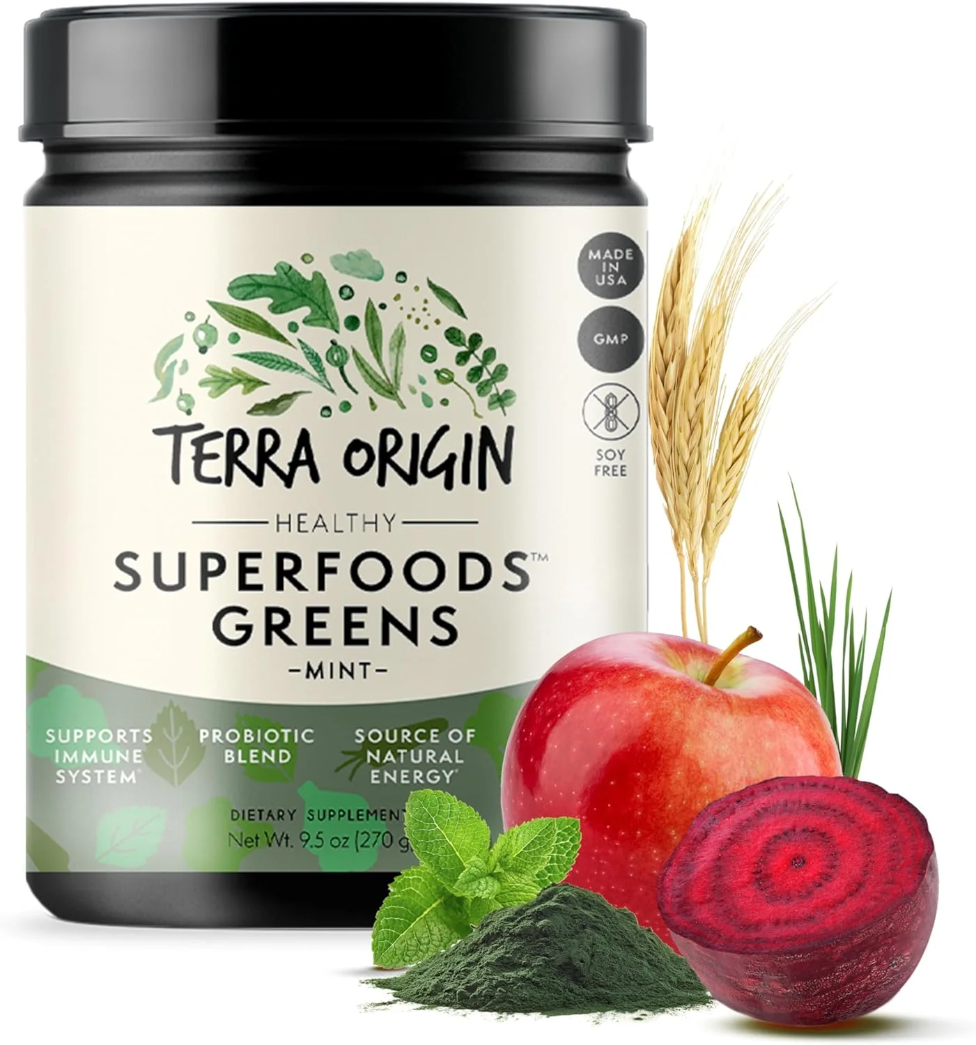 پودر نوشیدنی سبزیجات سوپرفود سالم TERRA ORIGIN با پروبیوتیک ها و آشواگاندا | مخلوط میوه و سبزیجات آنزیم گوارشی و آداپتوژن | برای سلامت روده، انرژی، تقویت سیستم ایمنی* | 30 سروینگ | نعناع