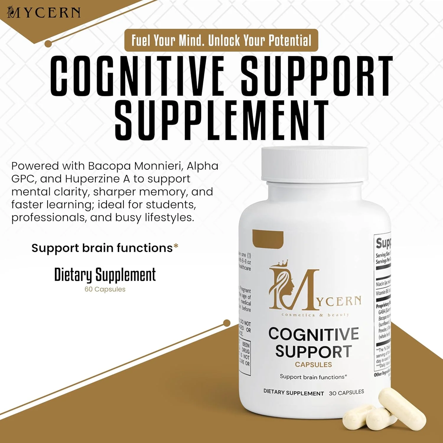 مکمل پشتیبانی شناختی با باکوپا مونیری، آلفا GPC، گابا، ال-تیروزین، هوپرزین A، ویتامین B6 و نیاسین - نوتروپیک طبیعی برای تمرکز، حافظه و وضوح ذهنی - 30 کپسول - ساخت آمریکا