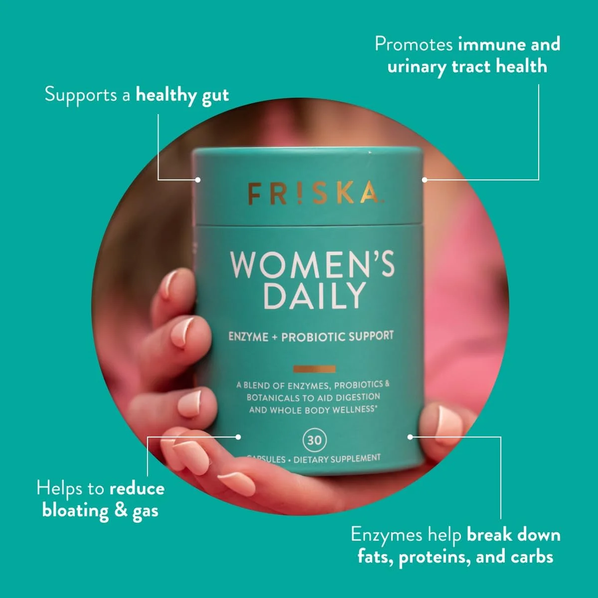 مکمل آنزیم های گوارشی و پروبیوتیک روزانه زنان FRISKA، پشتیبانی طبیعی پیشرفته برای سلامت دستگاه گوارش زنان، مبارزه با نفخ، تسهیل هضم، پشتیبانی از جذب مواد مغذی، 90 کپسول