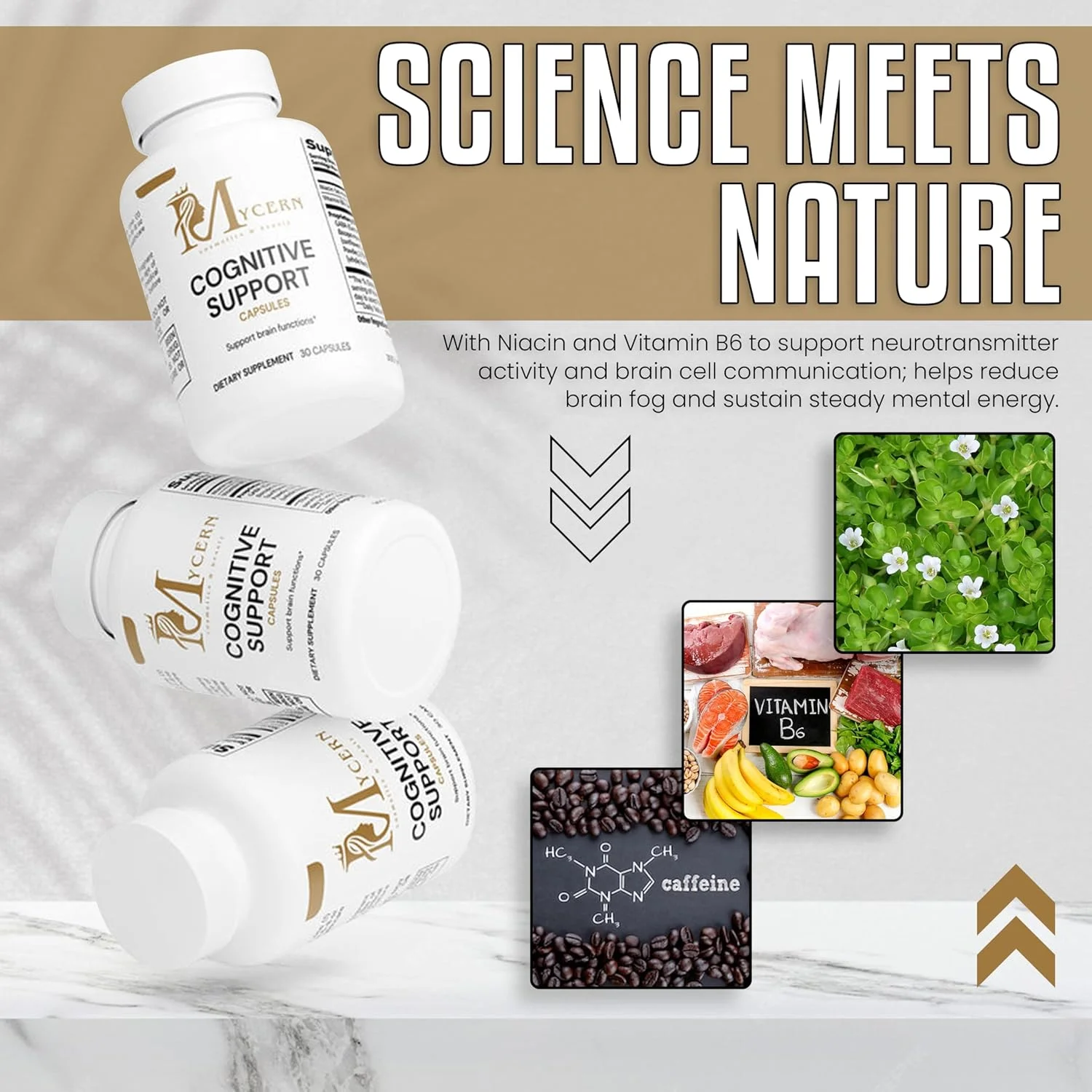 مکمل پشتیبانی شناختی با باکوپا مونیری، آلفا GPC، گابا، ال-تیروزین، هوپرزین A، ویتامین B6 و نیاسین - نوتروپیک طبیعی برای تمرکز، حافظه و وضوح ذهنی - 30 کپسول - ساخت آمریکا