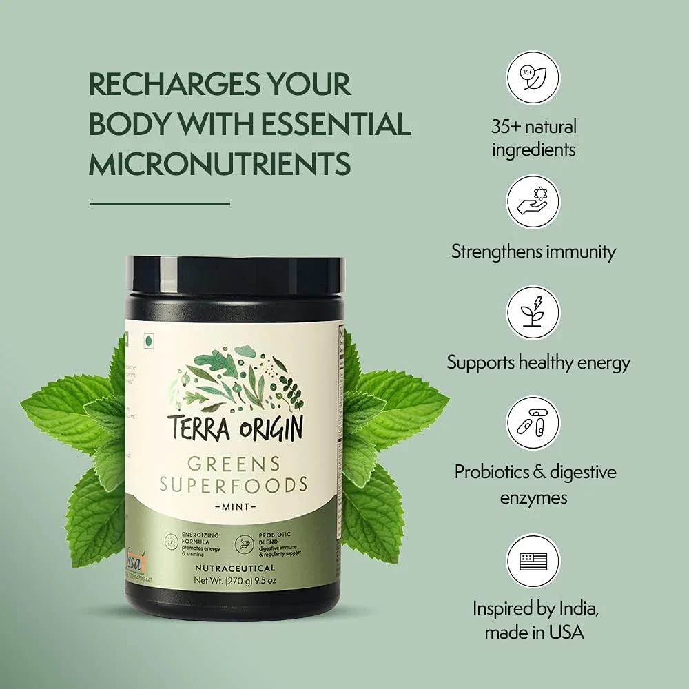 پودر نوشیدنی سبزیجات سوپرفود سالم TERRA ORIGIN با پروبیوتیک ها و آشواگاندا | مخلوط میوه و سبزیجات آنزیم گوارشی و آداپتوژن | برای سلامت روده، انرژی، تقویت سیستم ایمنی* | 30 سروینگ | نعناع
