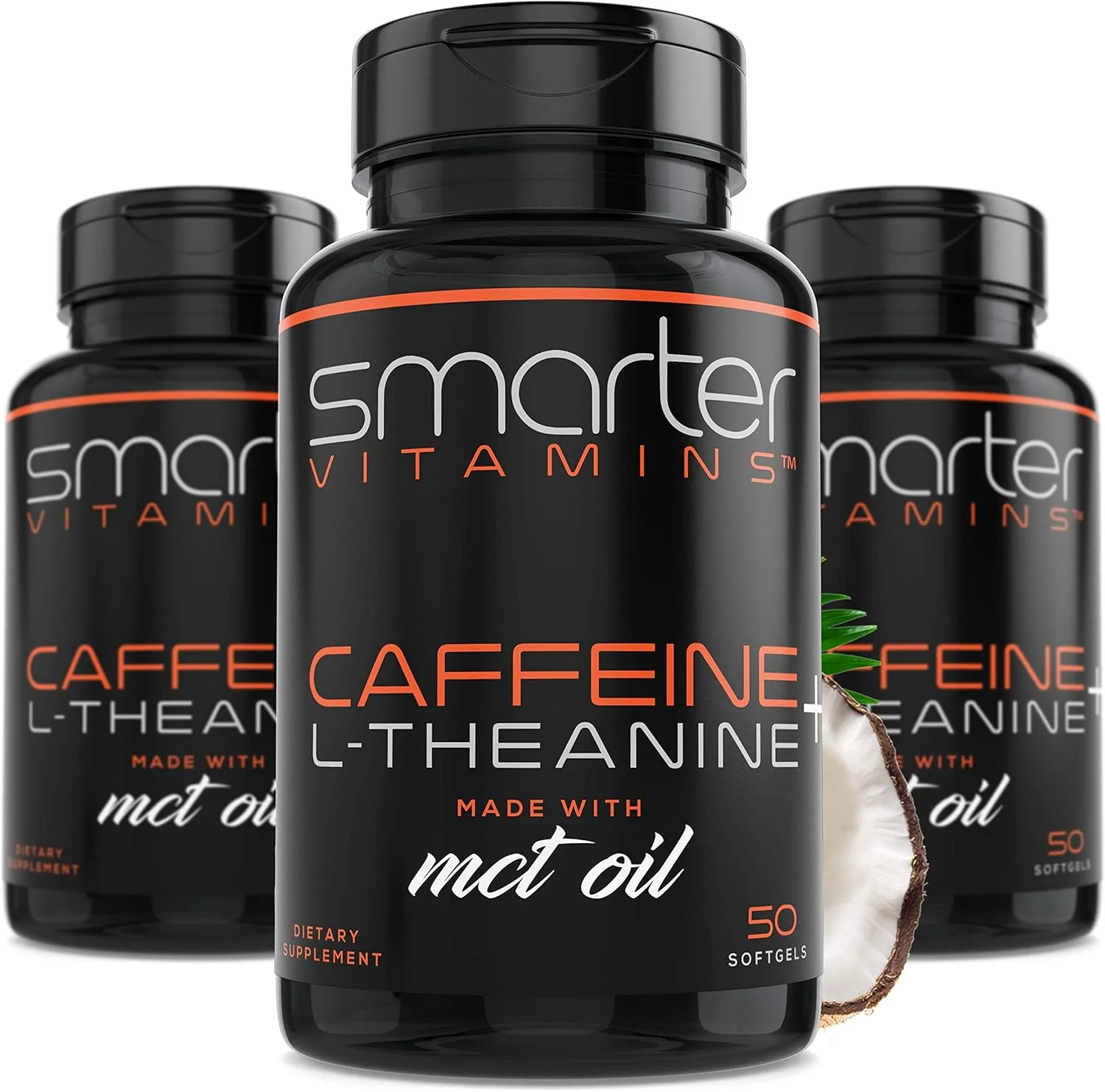 قرص های کافئین 200 میلی گرمی SmarterVitamins (بسته 3 عددی) با 100 میلی گرم ال-تیانین + روغن نارگیل MCT، انرژی و تمرکز، کپسول رهش طولانی، 150 سافت ژل مایع