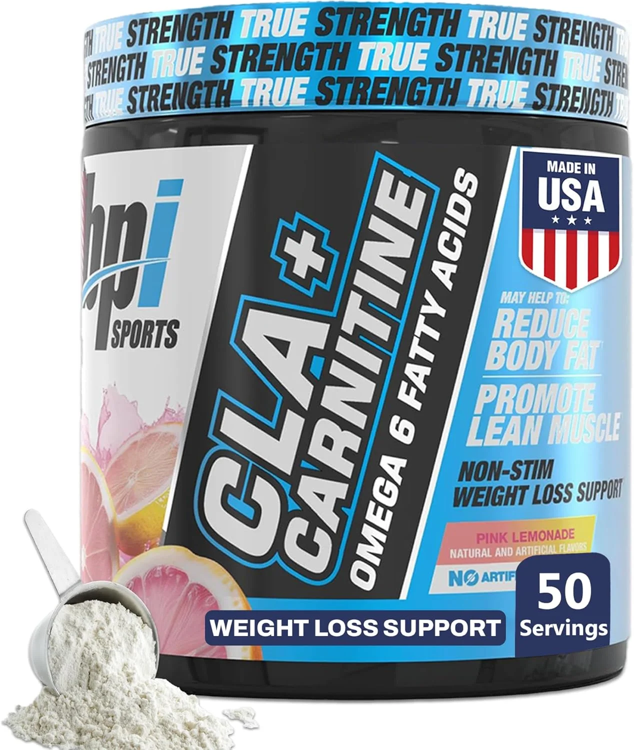 بی پی آی اسپورتس سی ال ای + کارنیتین - سی ال ای و لینولئیک اسید - مکمل ال کارنیتین برای کاهش وزن، متابولیسم و عضله سازی بدون کافئین - طعم لیموناد صورتی - 50 سروینگ - 350 گرم